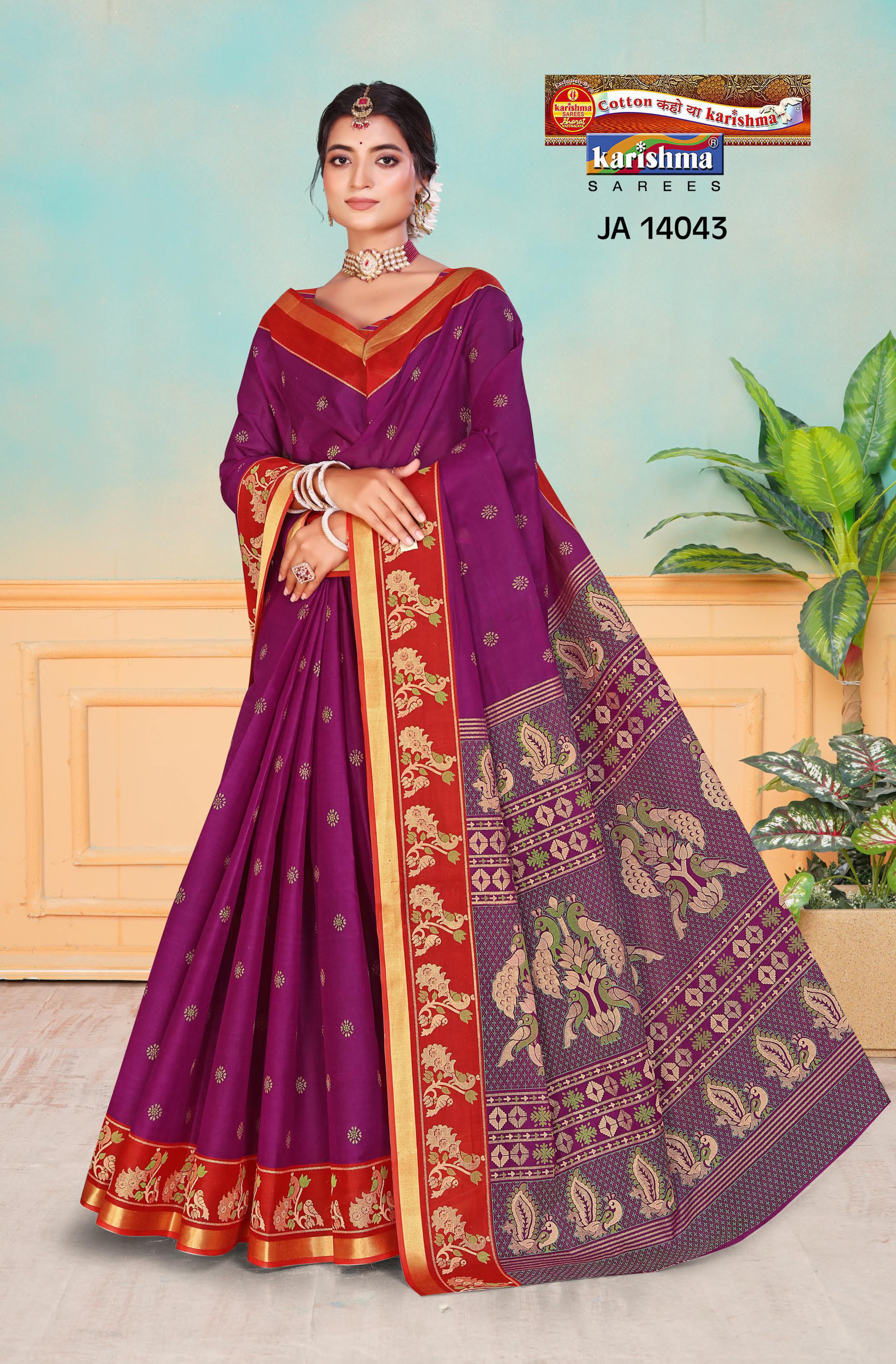 Purple Pure Cotton Malai (Soft) Saree With Traditional Print And Golden Border
