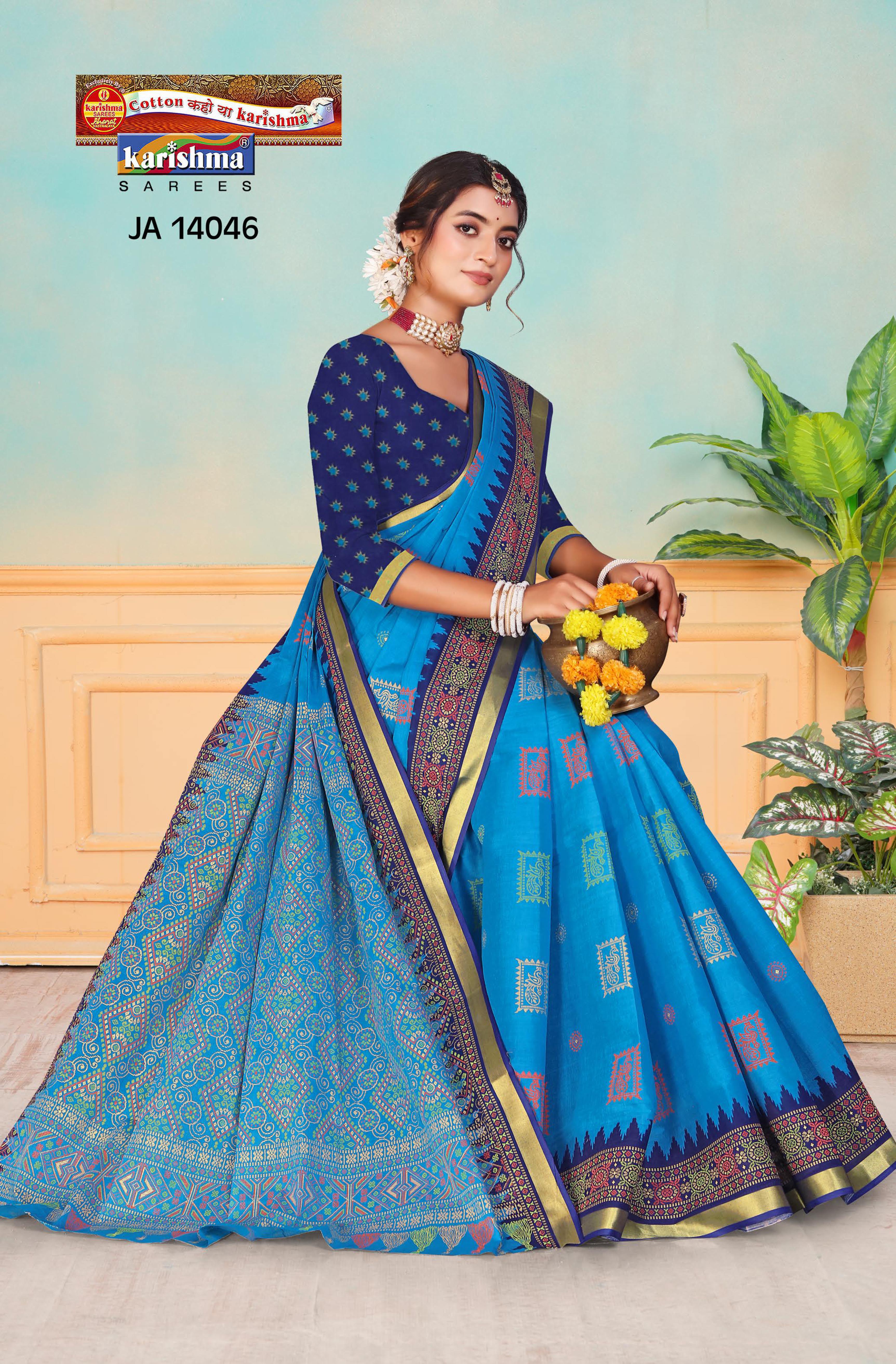 Blue Pure Cotton Malai (Soft) Saree With Traditional Print And Golden Border