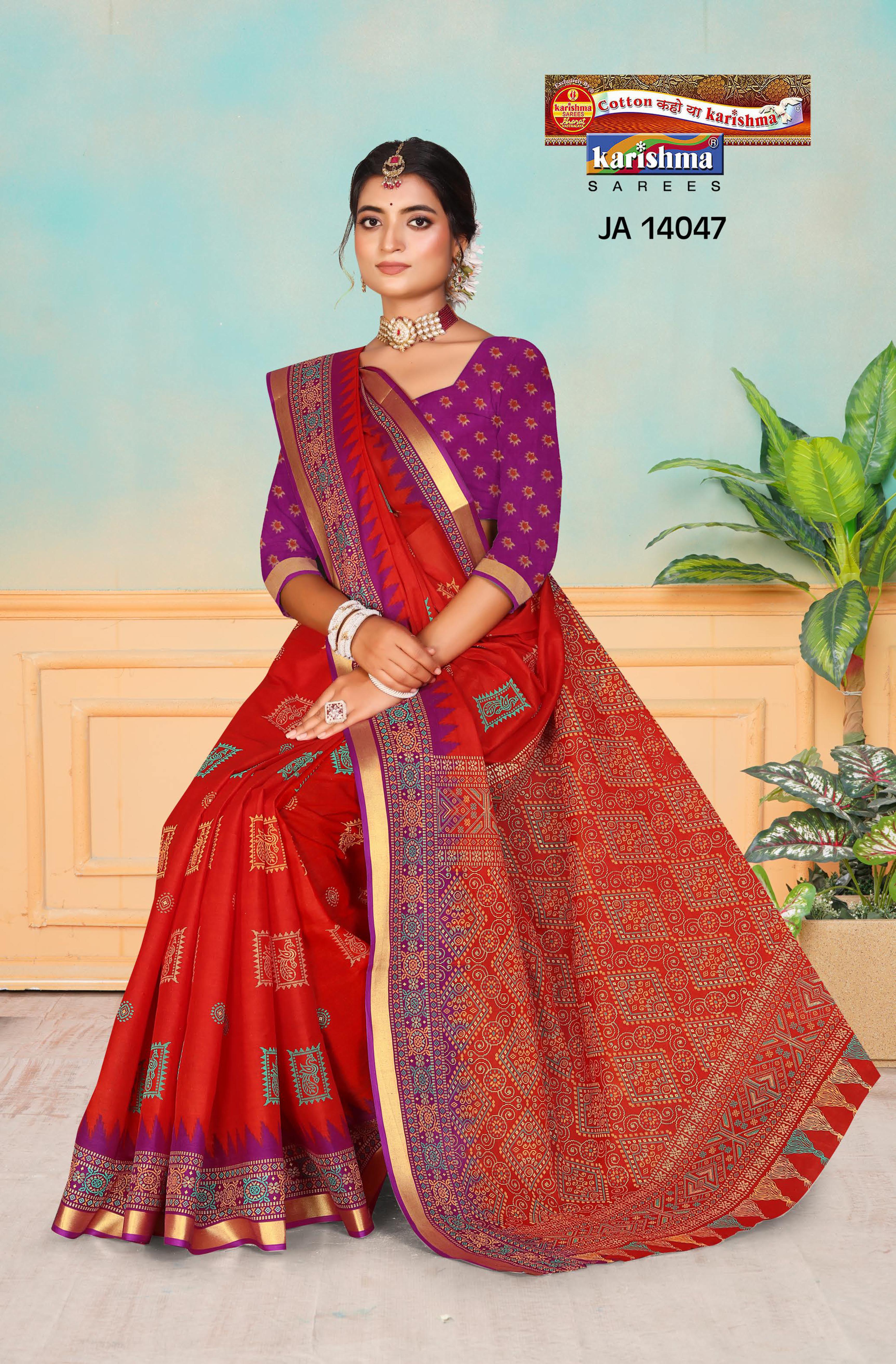 Red Pure Cotton Malai (Soft) Saree With Traditional Print And Golden Border