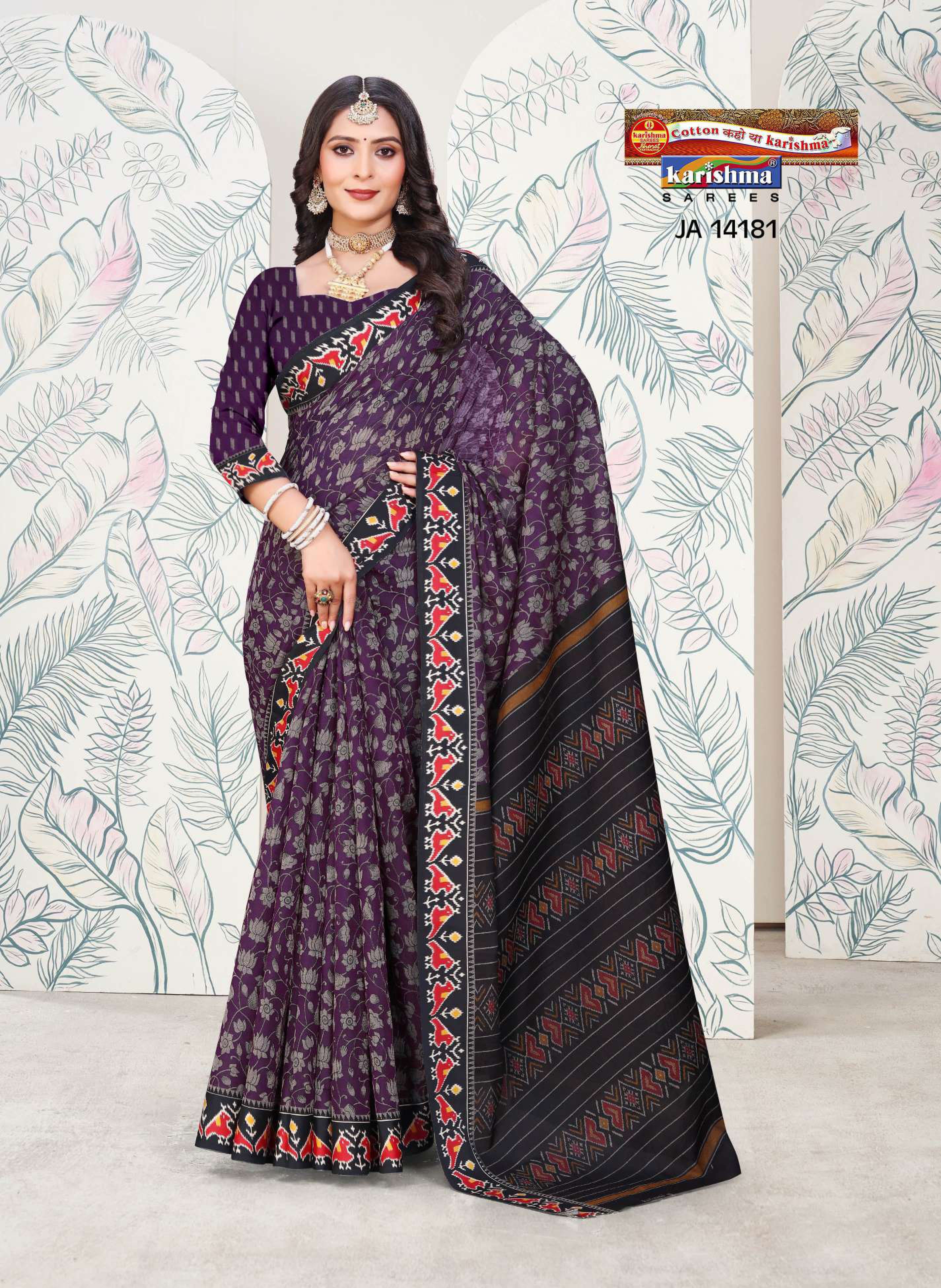 Deep Purple Pure Cotton Muslin (Soft) Saree With Floral Print And Kota Border