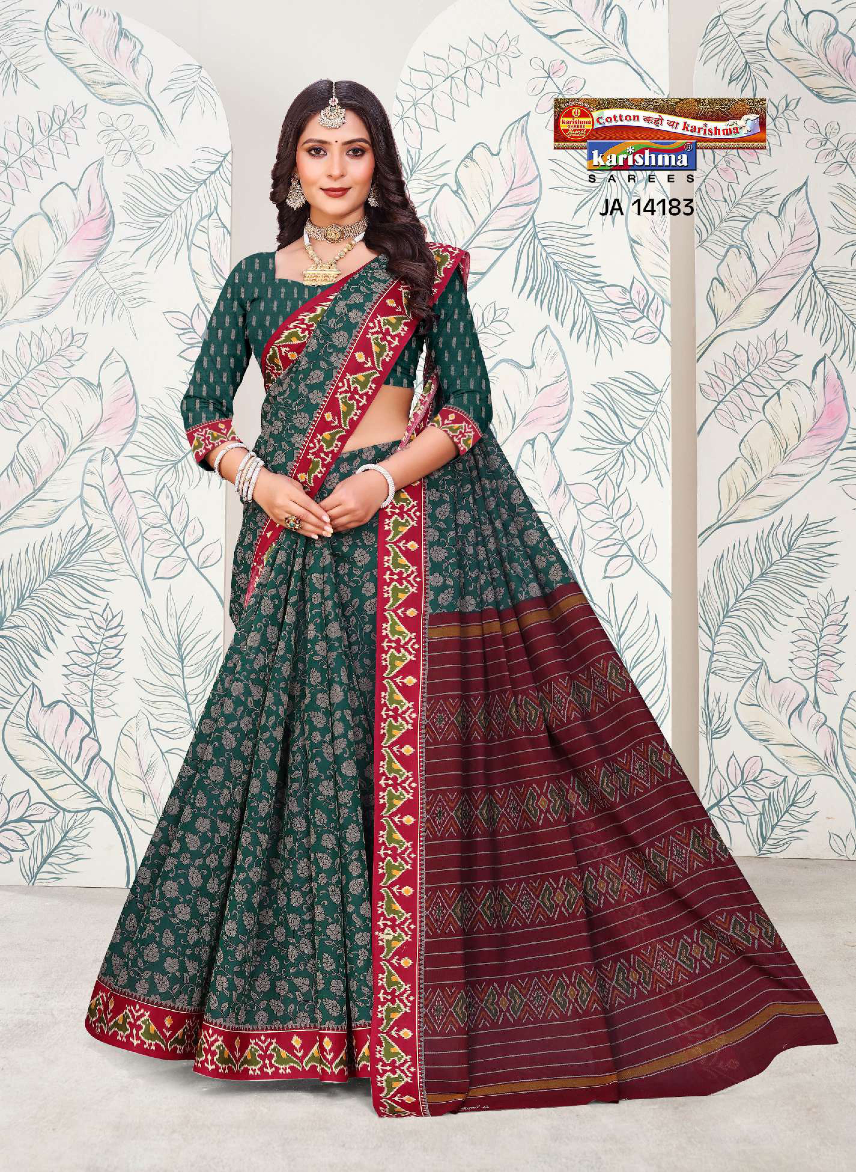 Green Pure Cotton Muslin (Soft) Saree With Floral Print And Kota Border