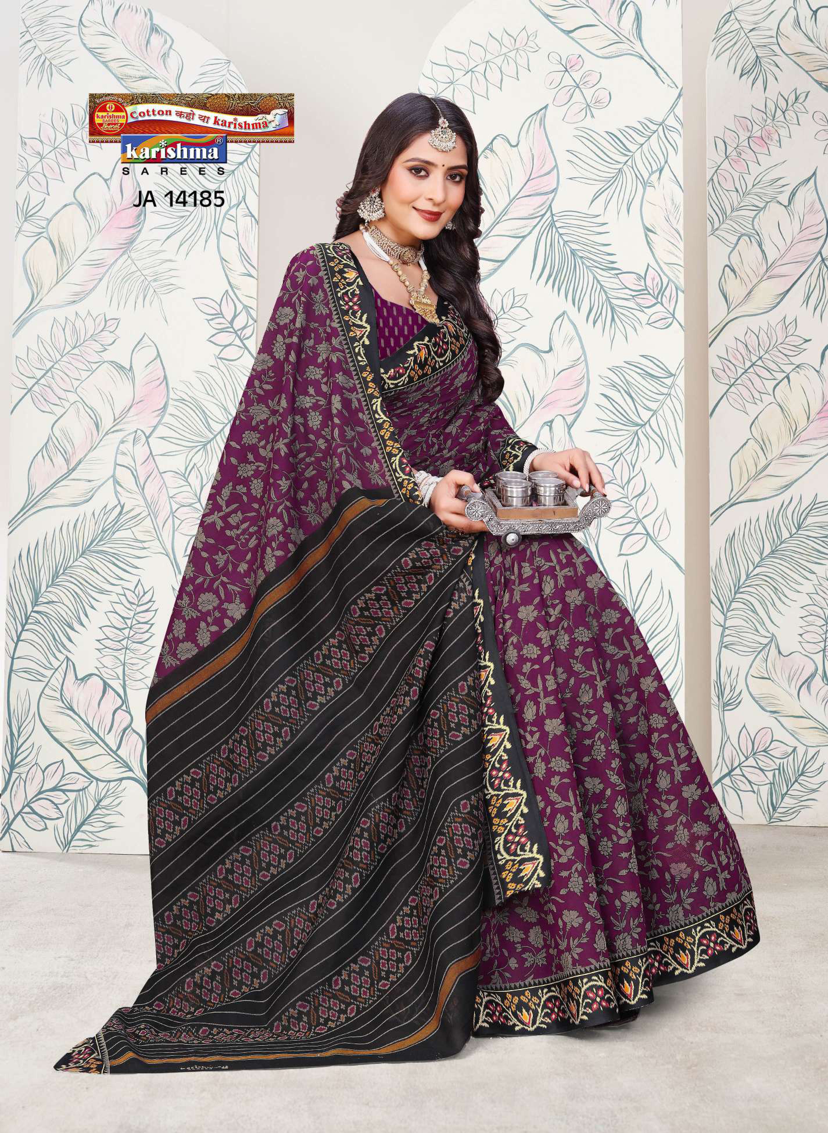 Purple Pure Cotton Muslin (Soft) Saree With Floral Print And Kota Border