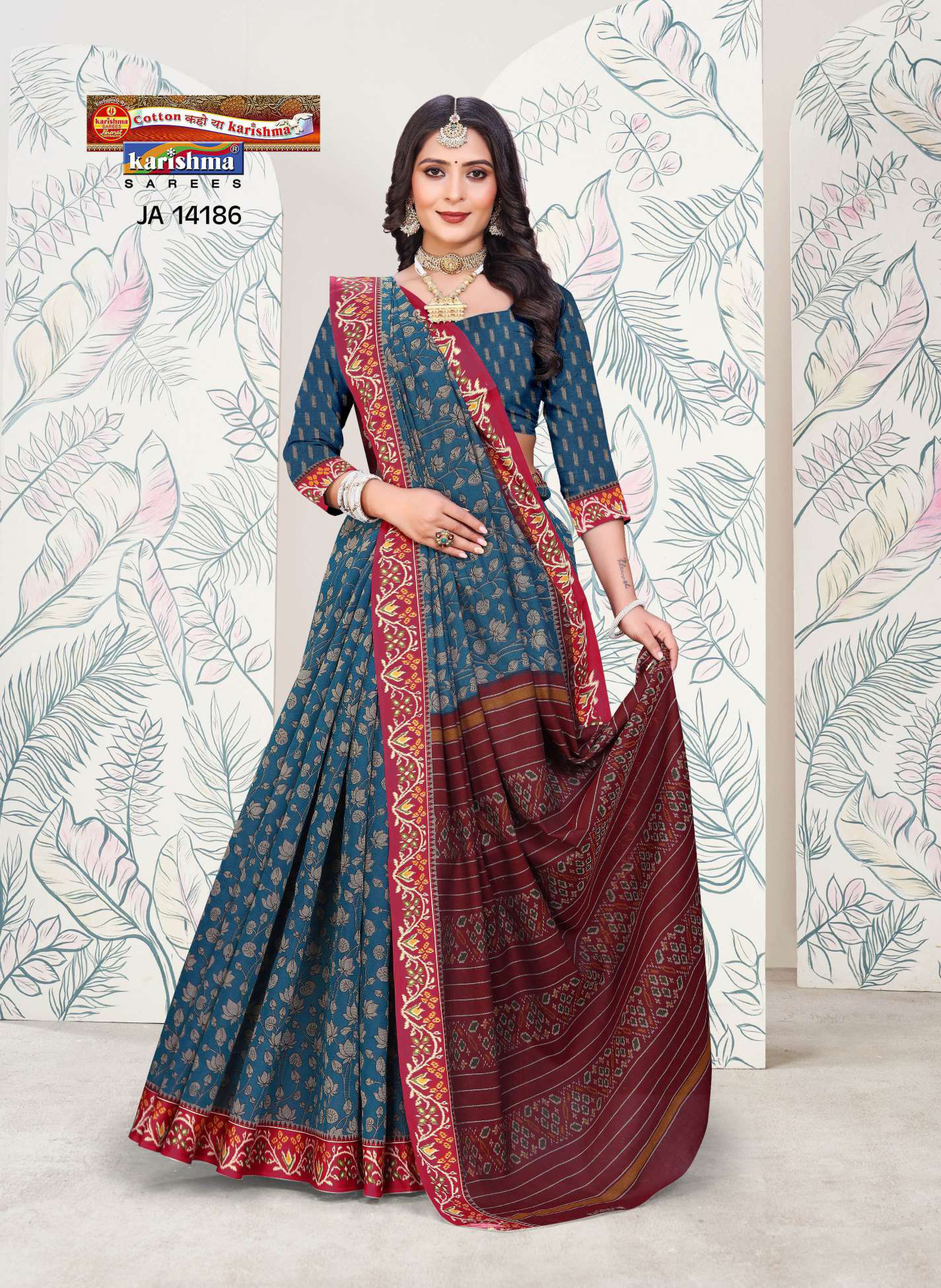 Blue Pure Cotton Muslin (Soft) Saree With Floral Print And Kota Border