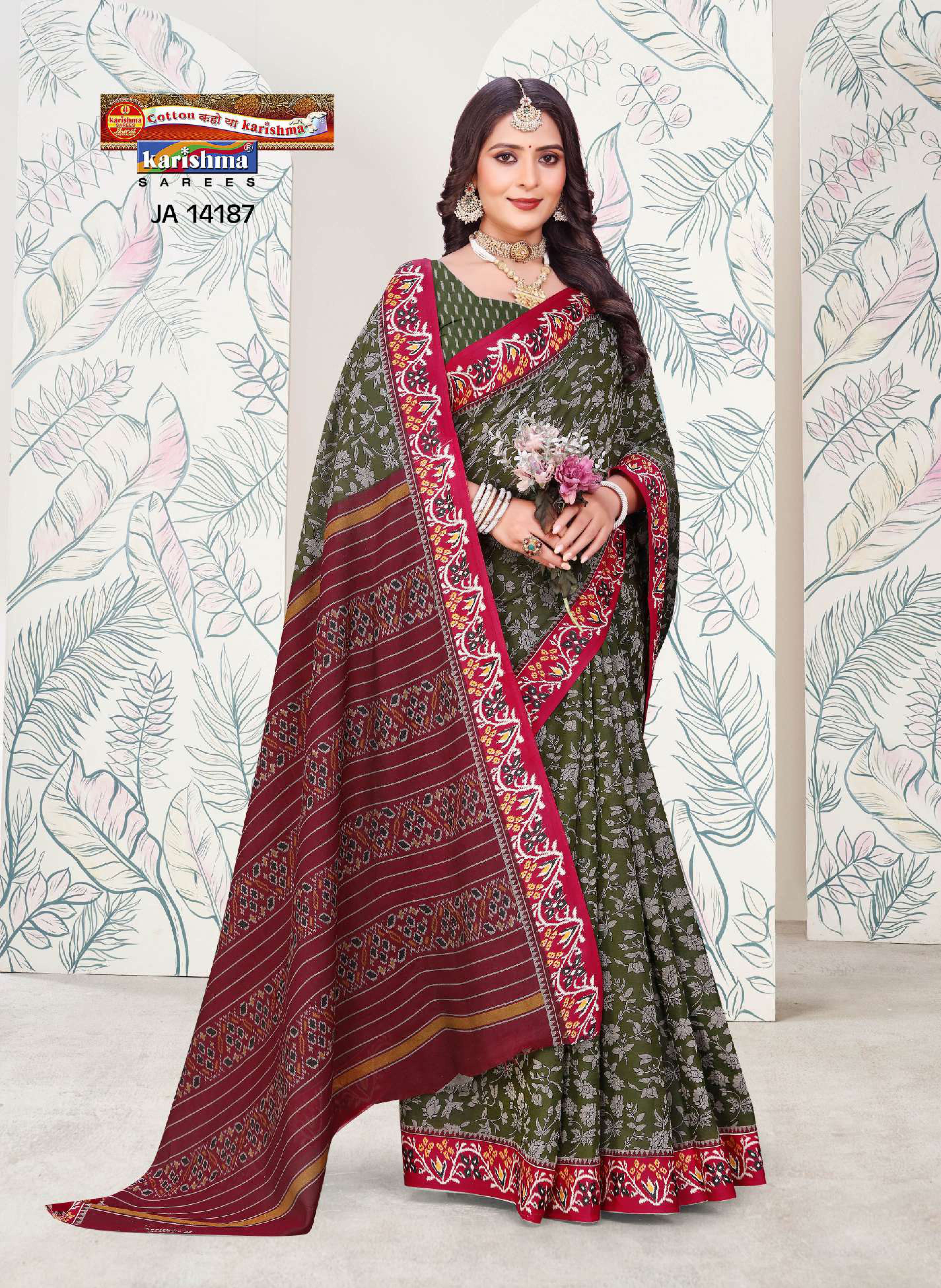 Olive Pure Cotton Muslin (Soft) Saree With Floral Print And Kota Border