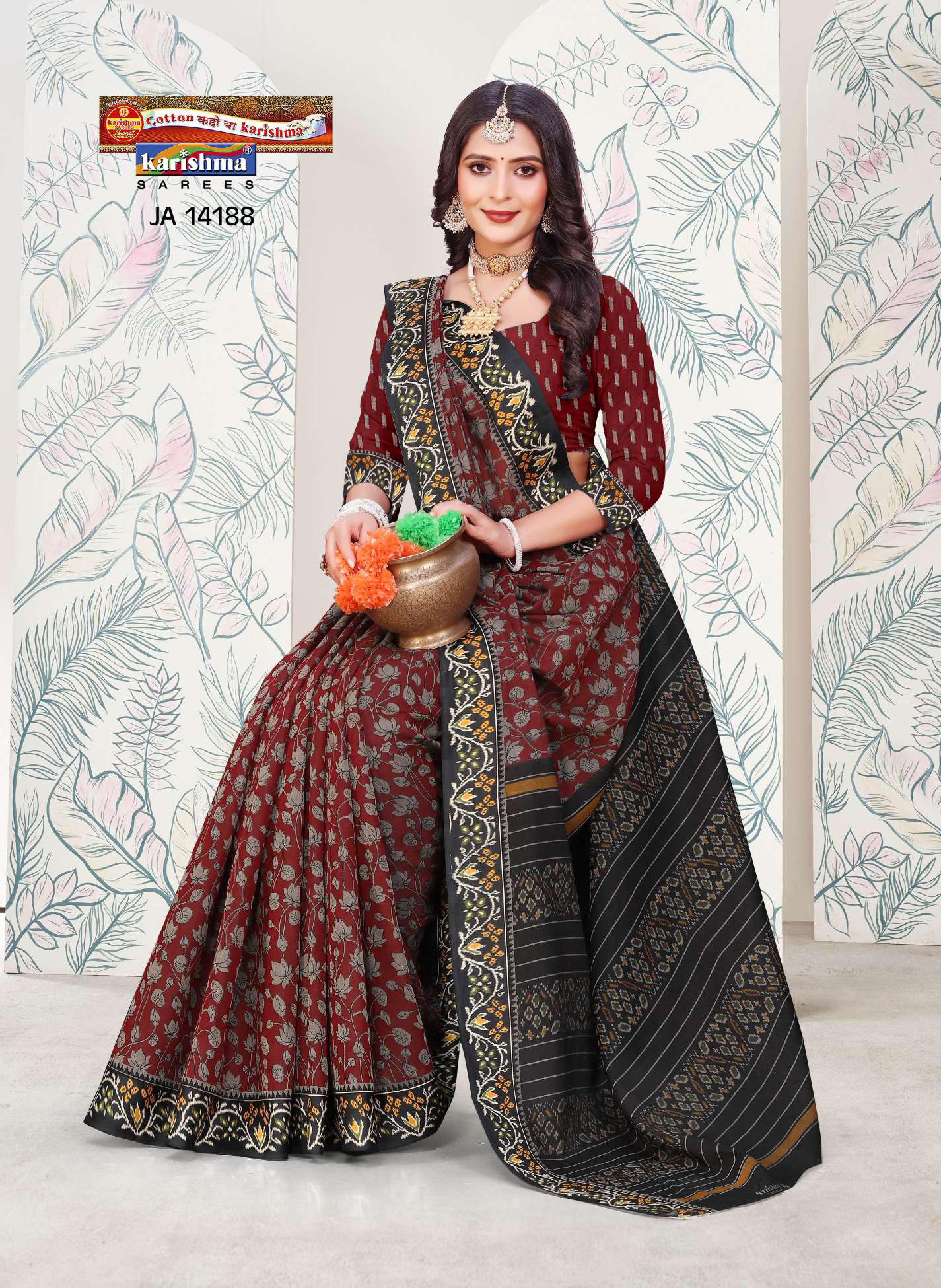 Red Pure Cotton Muslin (Soft) Saree With Floral Print And Kota Border
