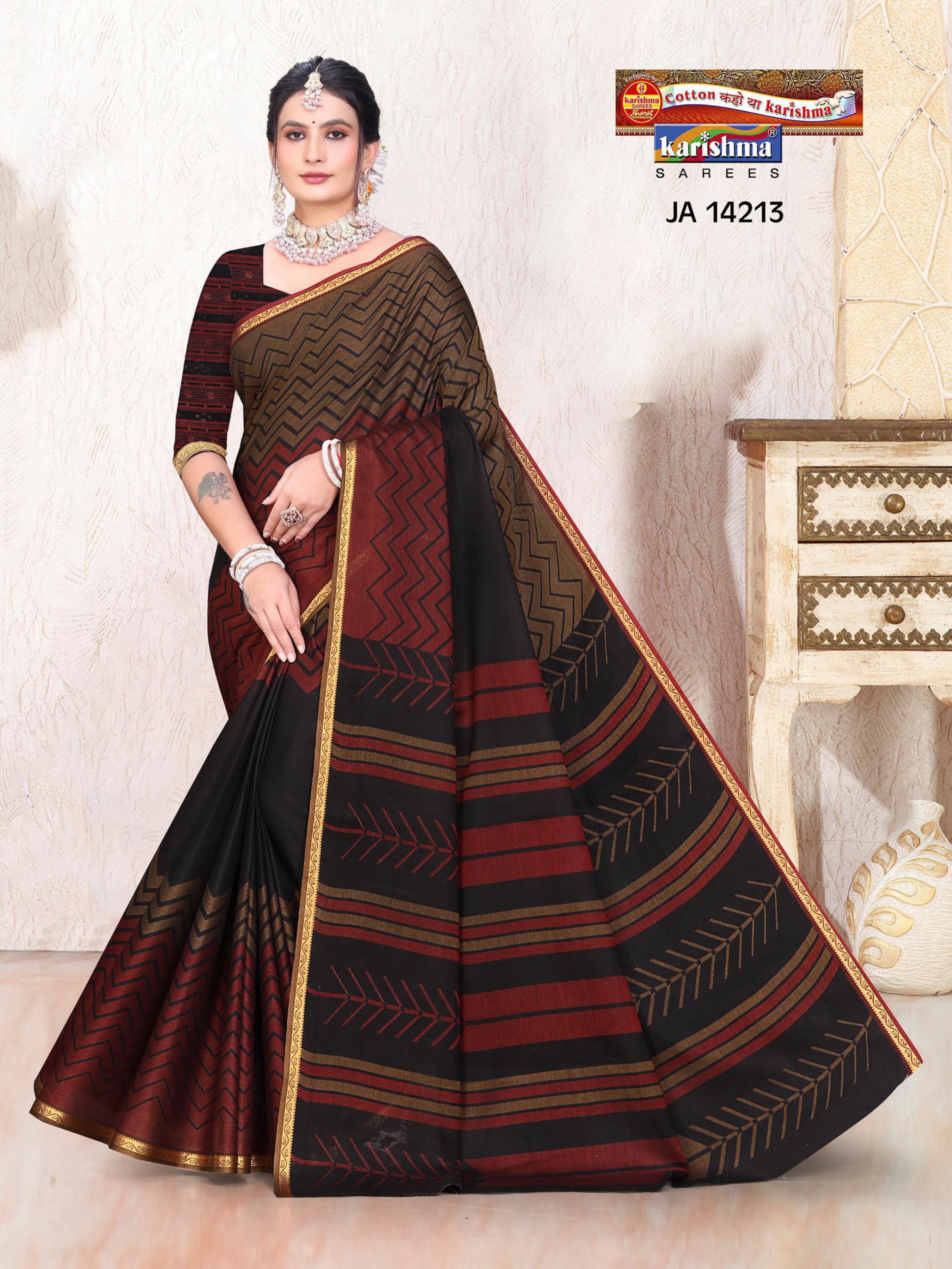 Maroon And Black Pure Cotton Muslin (Soft) Saree With Stripes Pattern And Gloden Border
