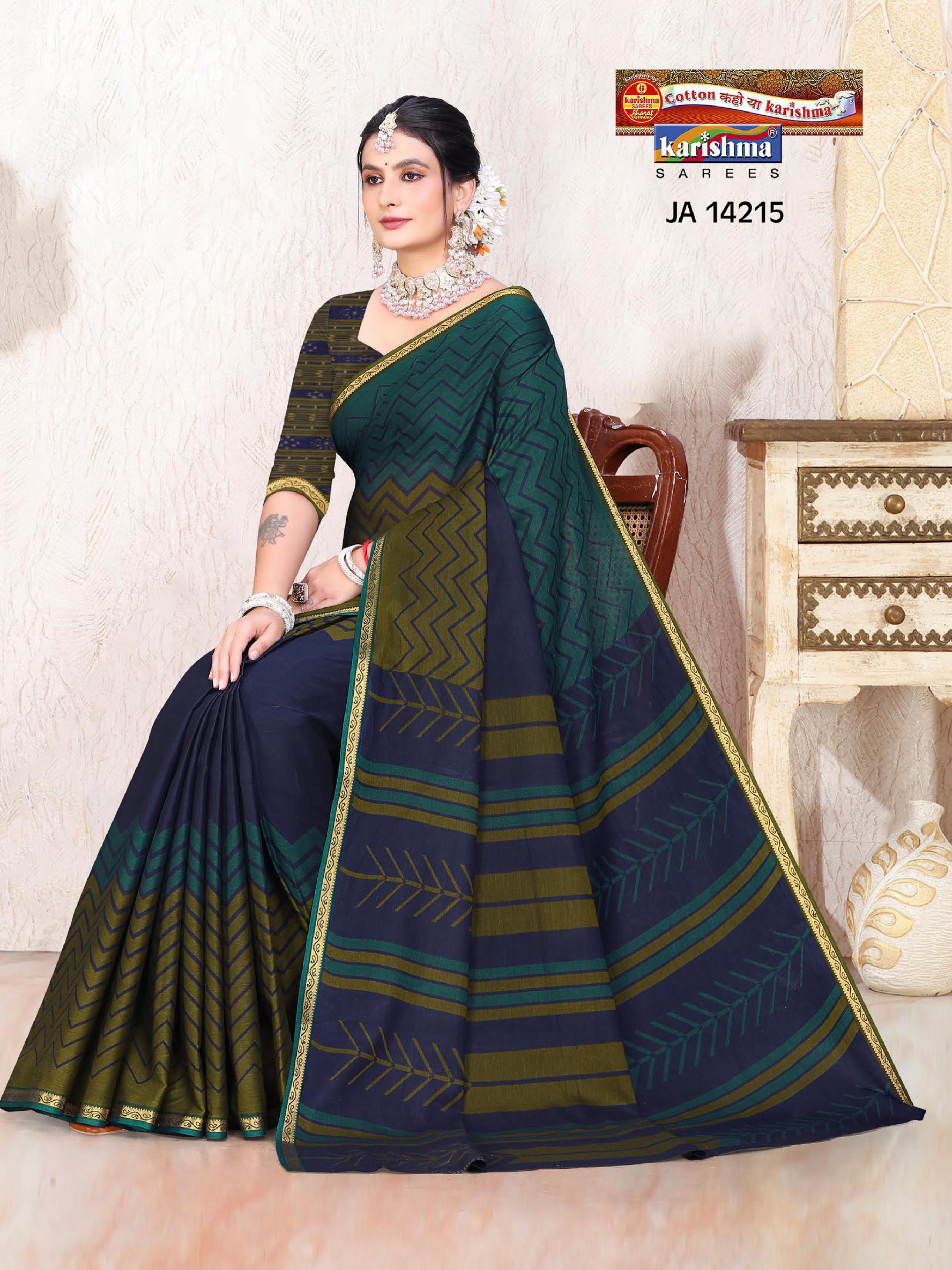 Blue And Green Pure Cotton Muslin (Soft) Saree With Stripes Pattern And Gloden Border