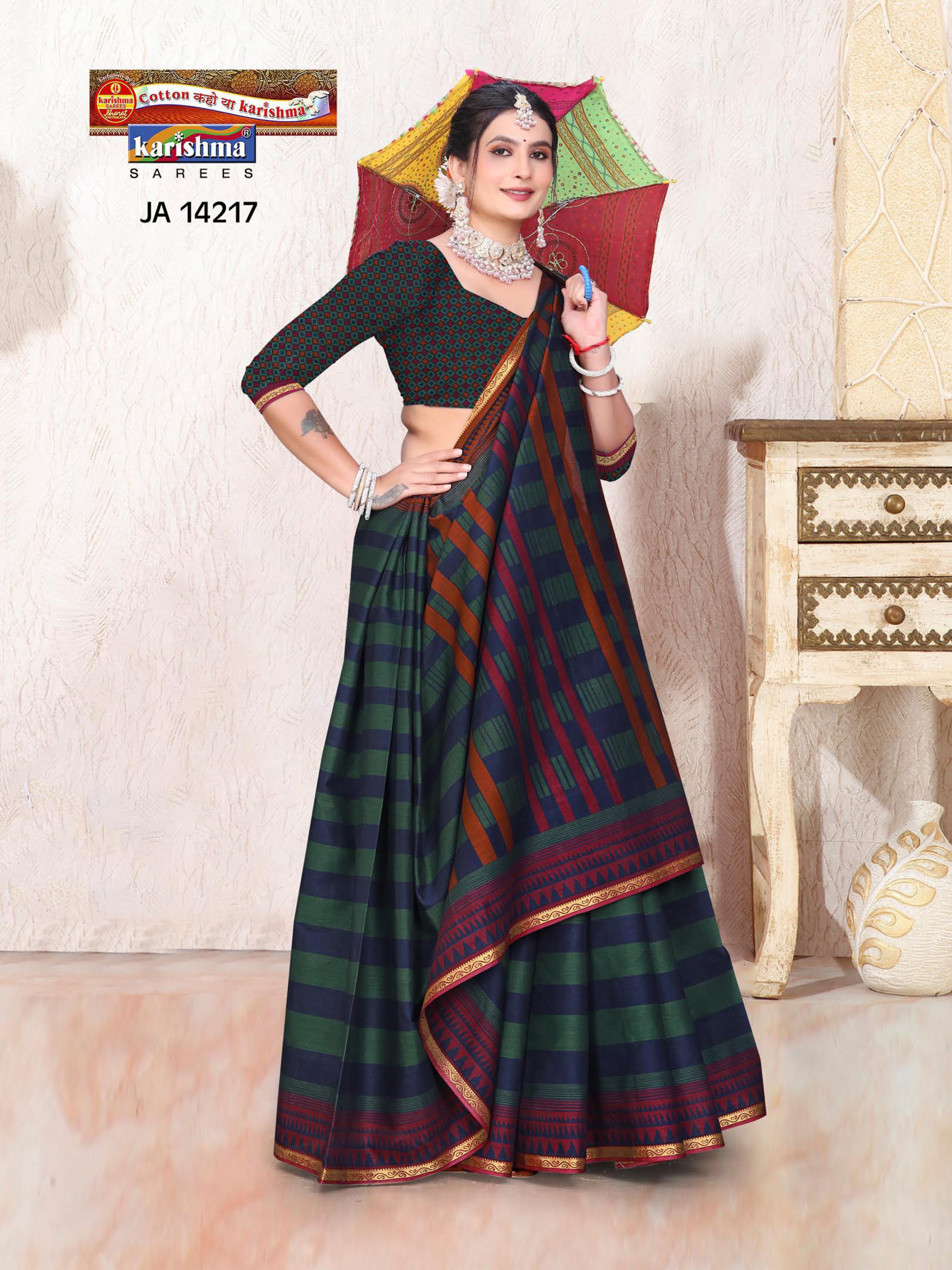Green And Maroon Pure Cotton Muslin (Soft) Saree With Stripes Pattern And Gloden Border