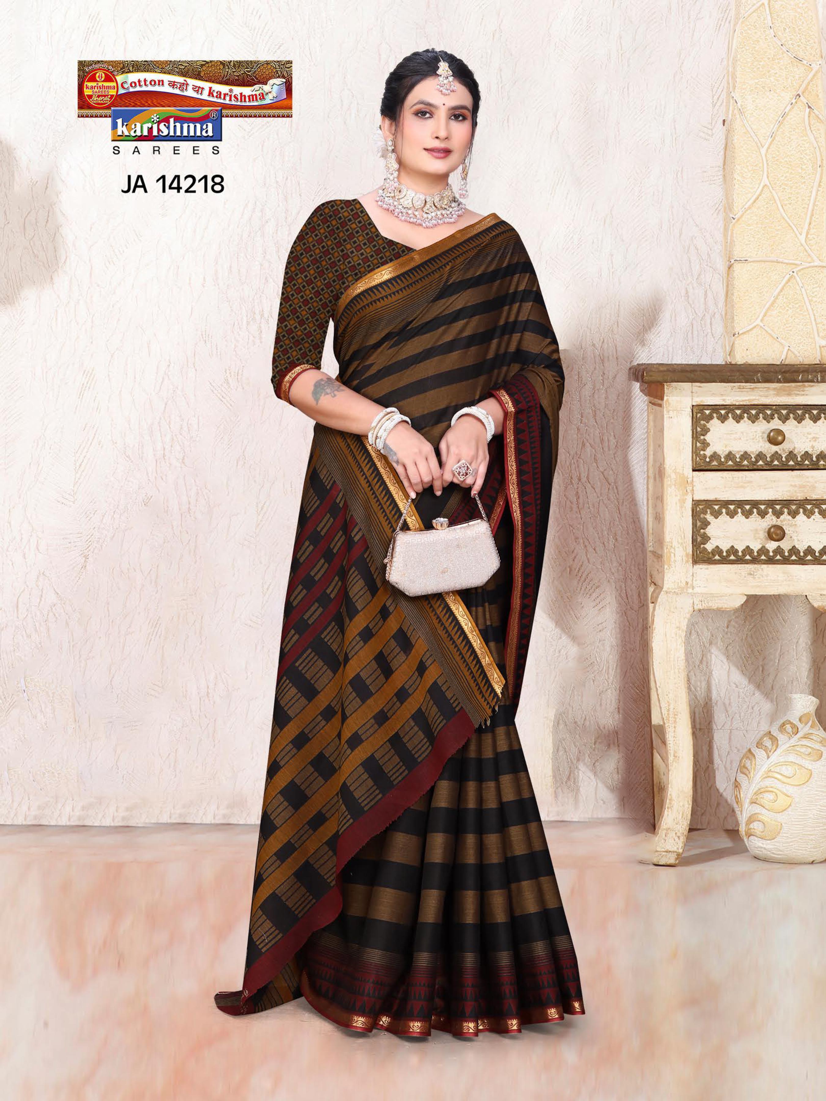 Black And Brown Pure Cotton Muslin (Soft) Saree With Stripes Pattern And Gloden Border