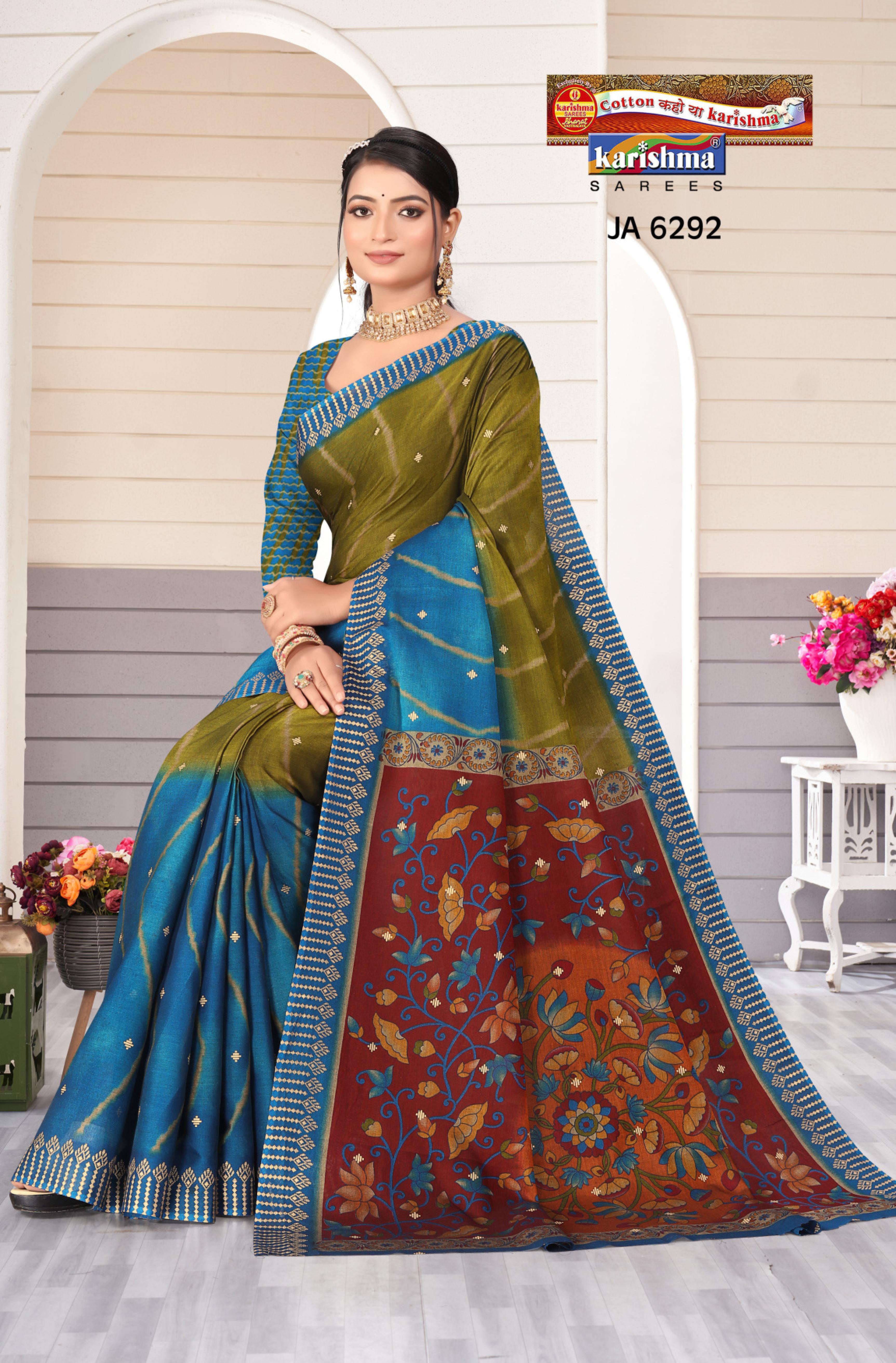 Blue Pure Muslin Traditional Shaded Pattern Floral Design Printed Cotton Saree with Zari Border