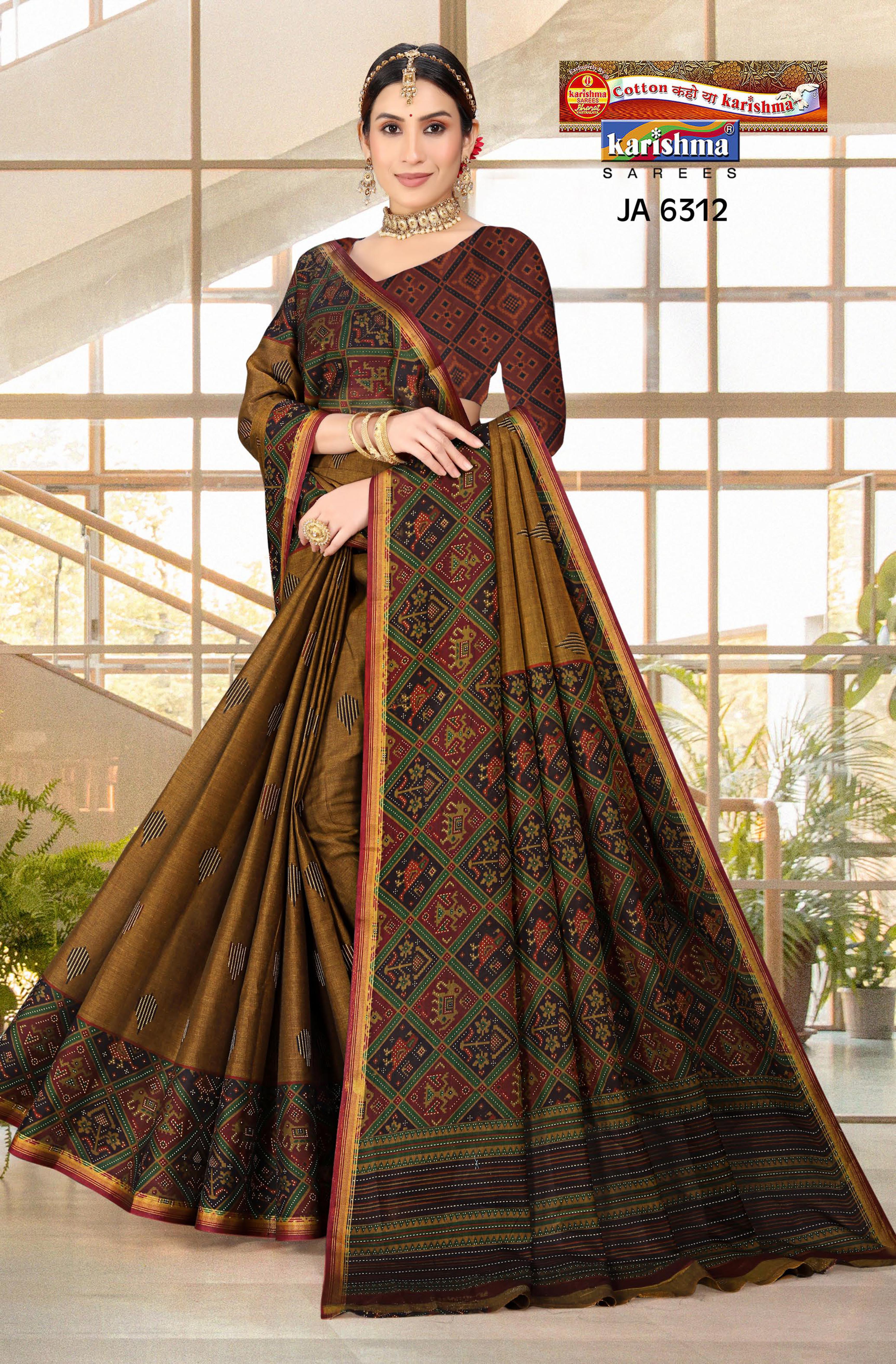 Gold Traditional Gujarati Patola Design Printed Muslin Saree with Zari Border