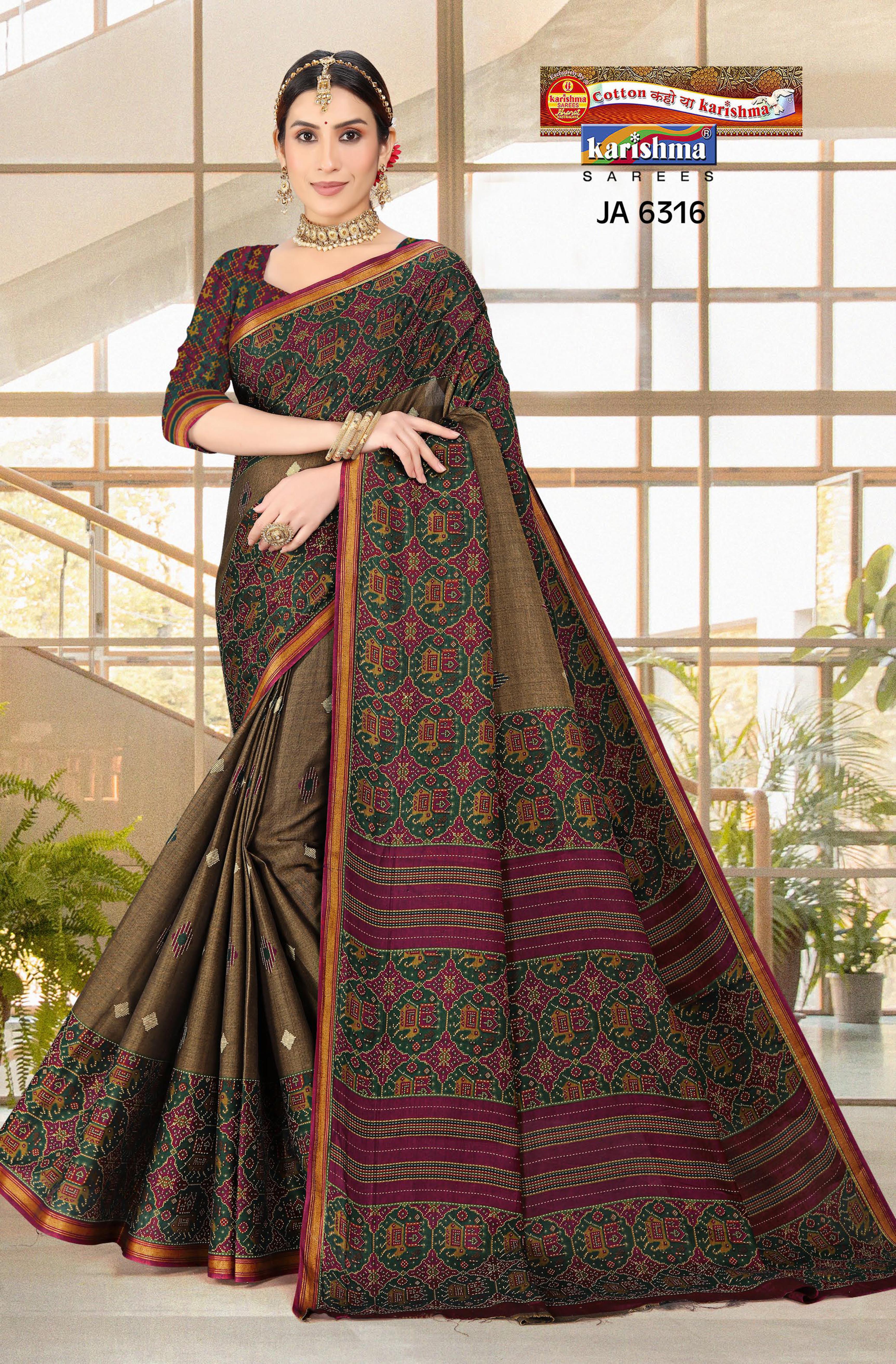 Brown Traditional Gujarati Patola Design Printed Muslin Saree with Zari Border