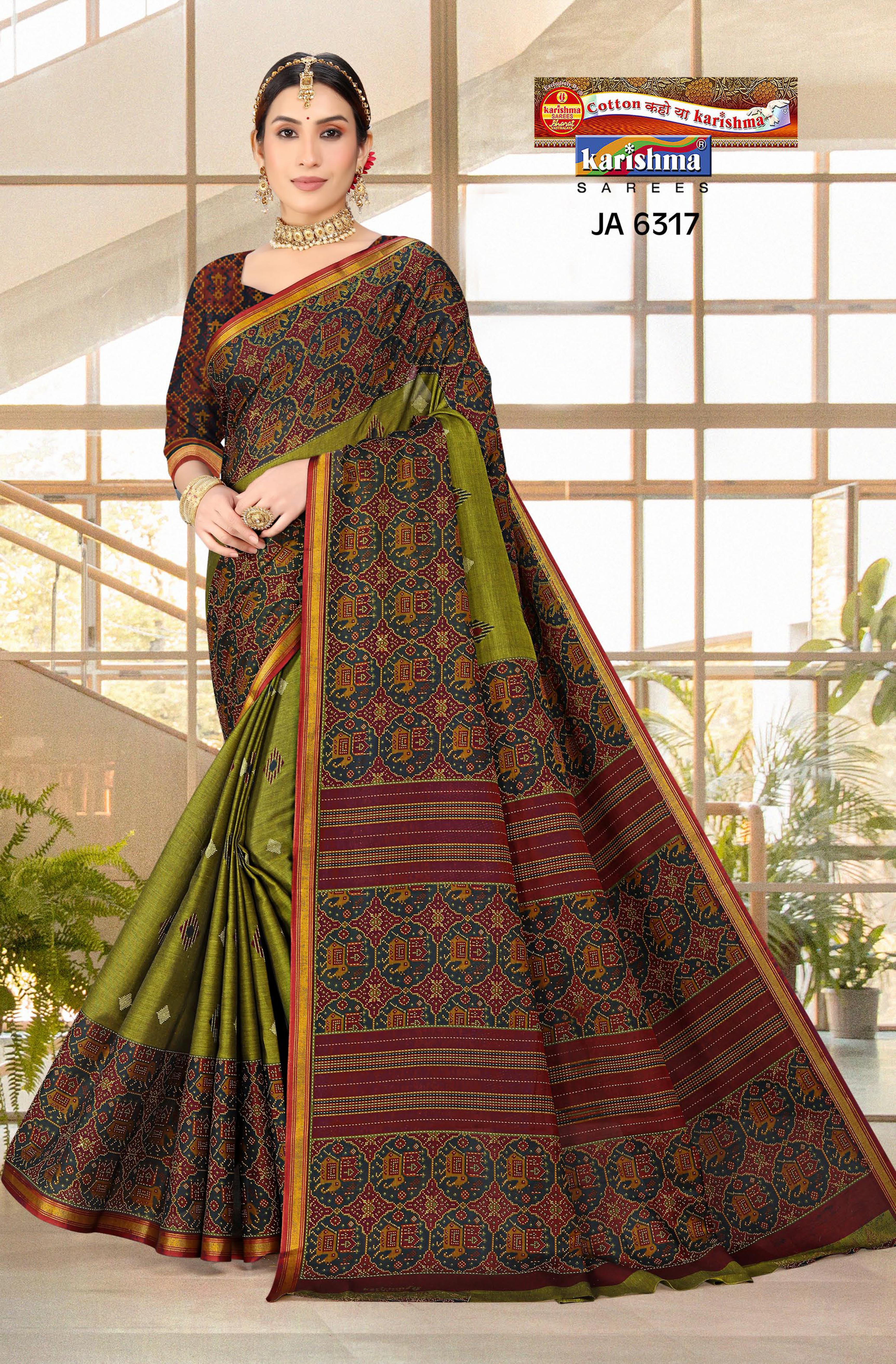 Olive Traditional Gujarati Patola Design Printed Muslin Saree with Zari Border