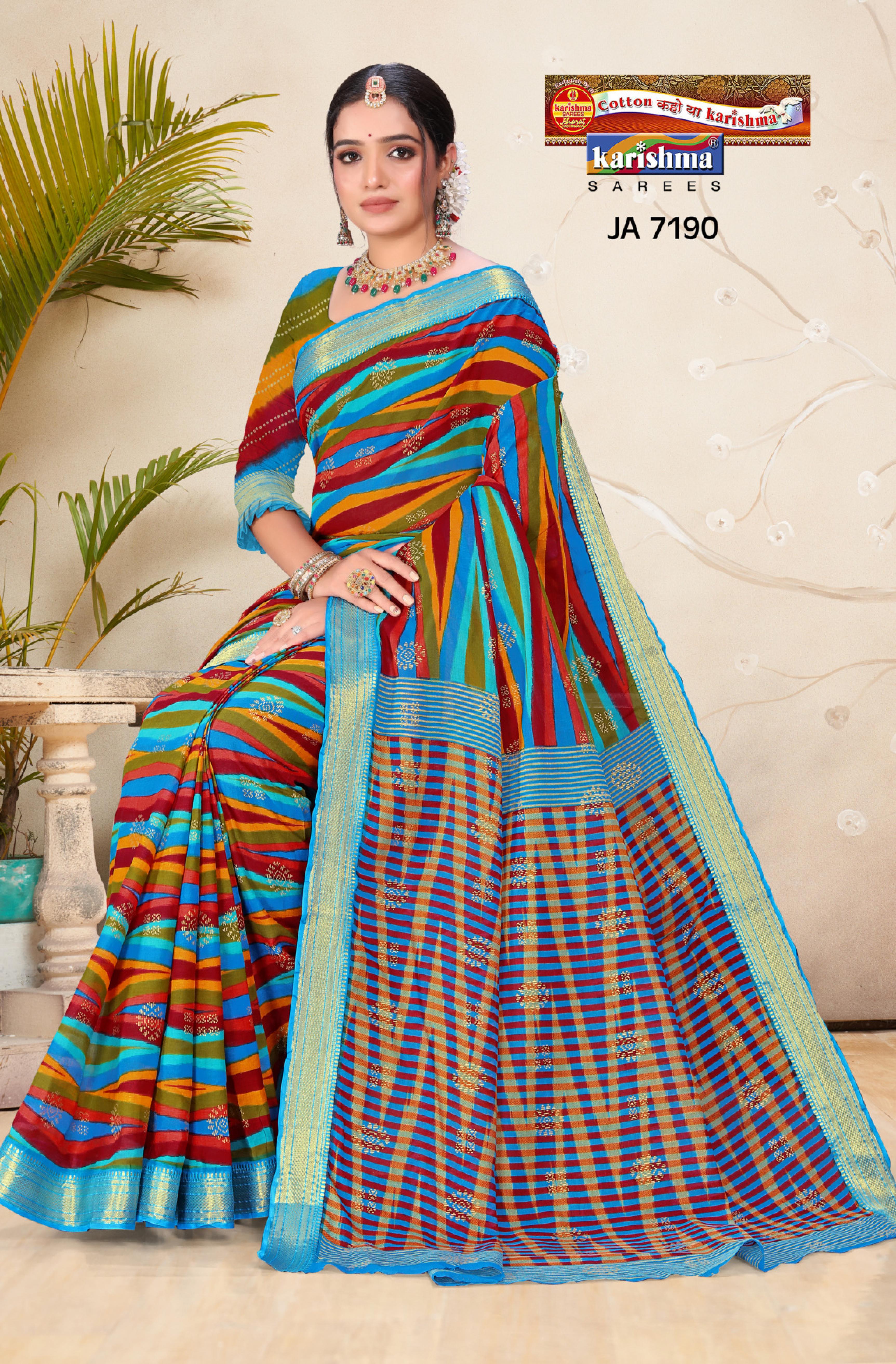 Multicolour Traditional Festive Design Printed Mulmul Gold Zari Jamewar Border Pure Cotton Saree