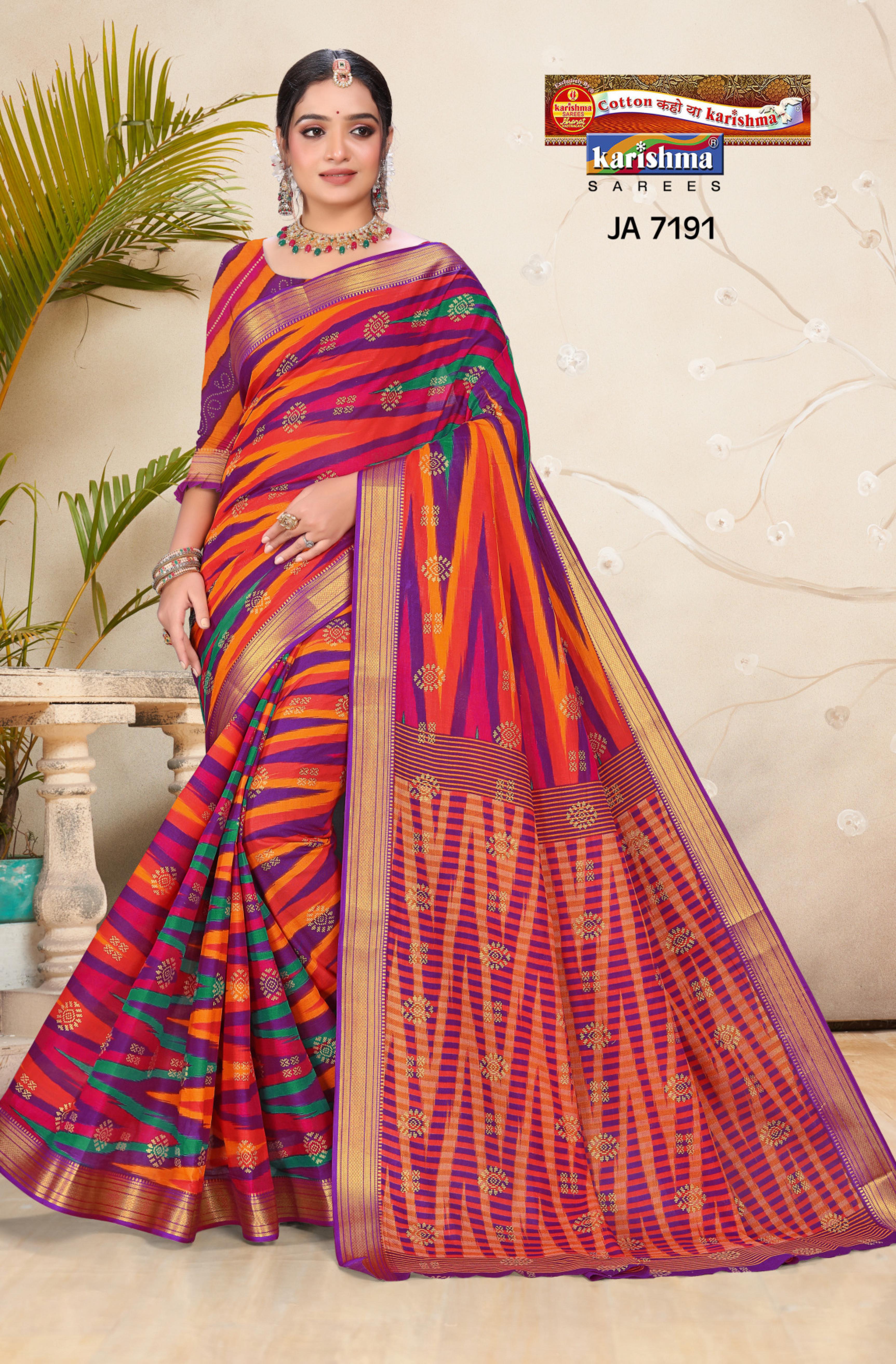 Multicolour Traditional Festive Design Printed Mulmul Gold Zari Jamewar Border Pure Cotton Saree