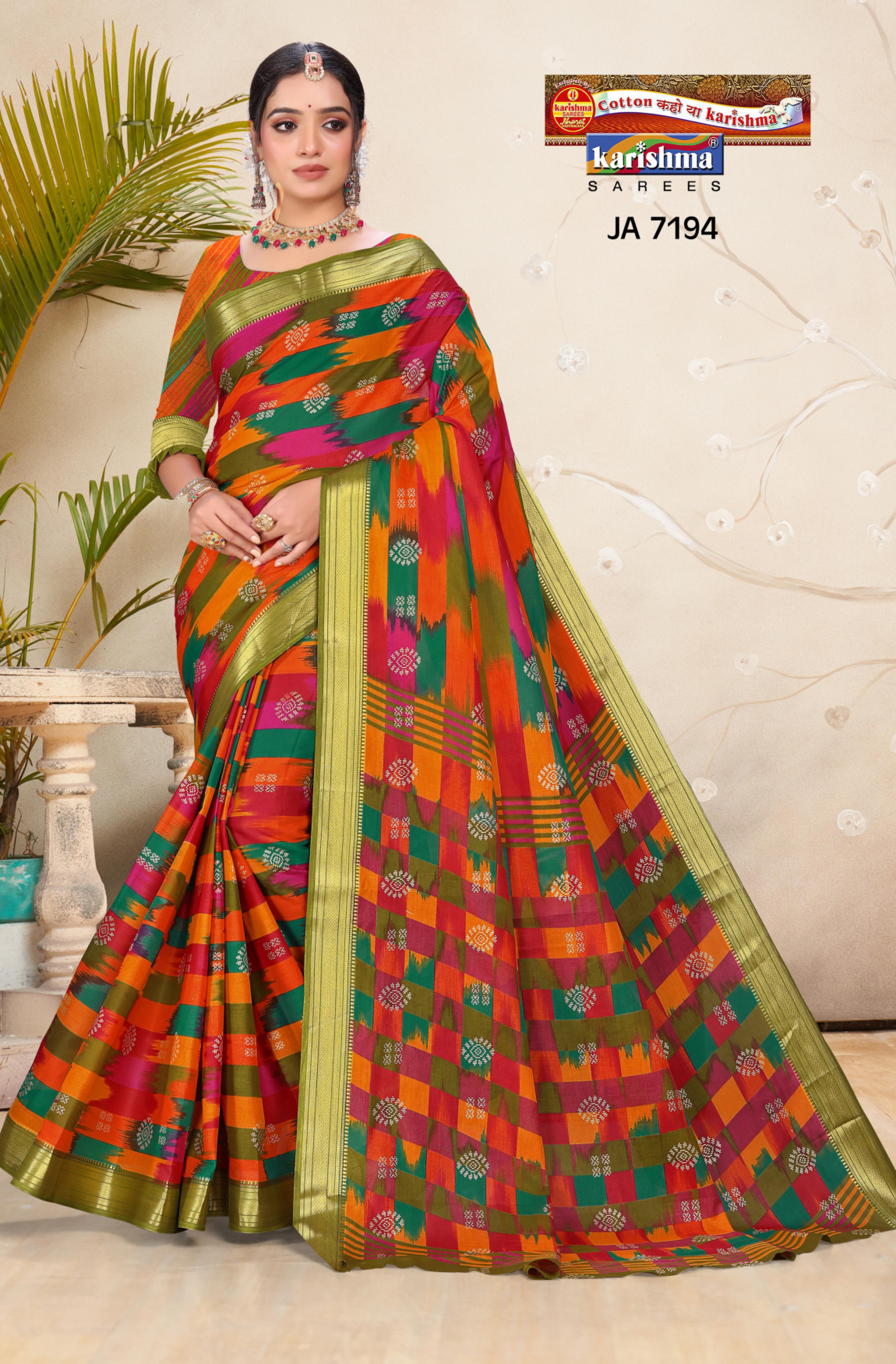 Multicolour Traditional Festive Design Printed Mulmul Gold Zari Jamewar Border Pure Cotton Saree