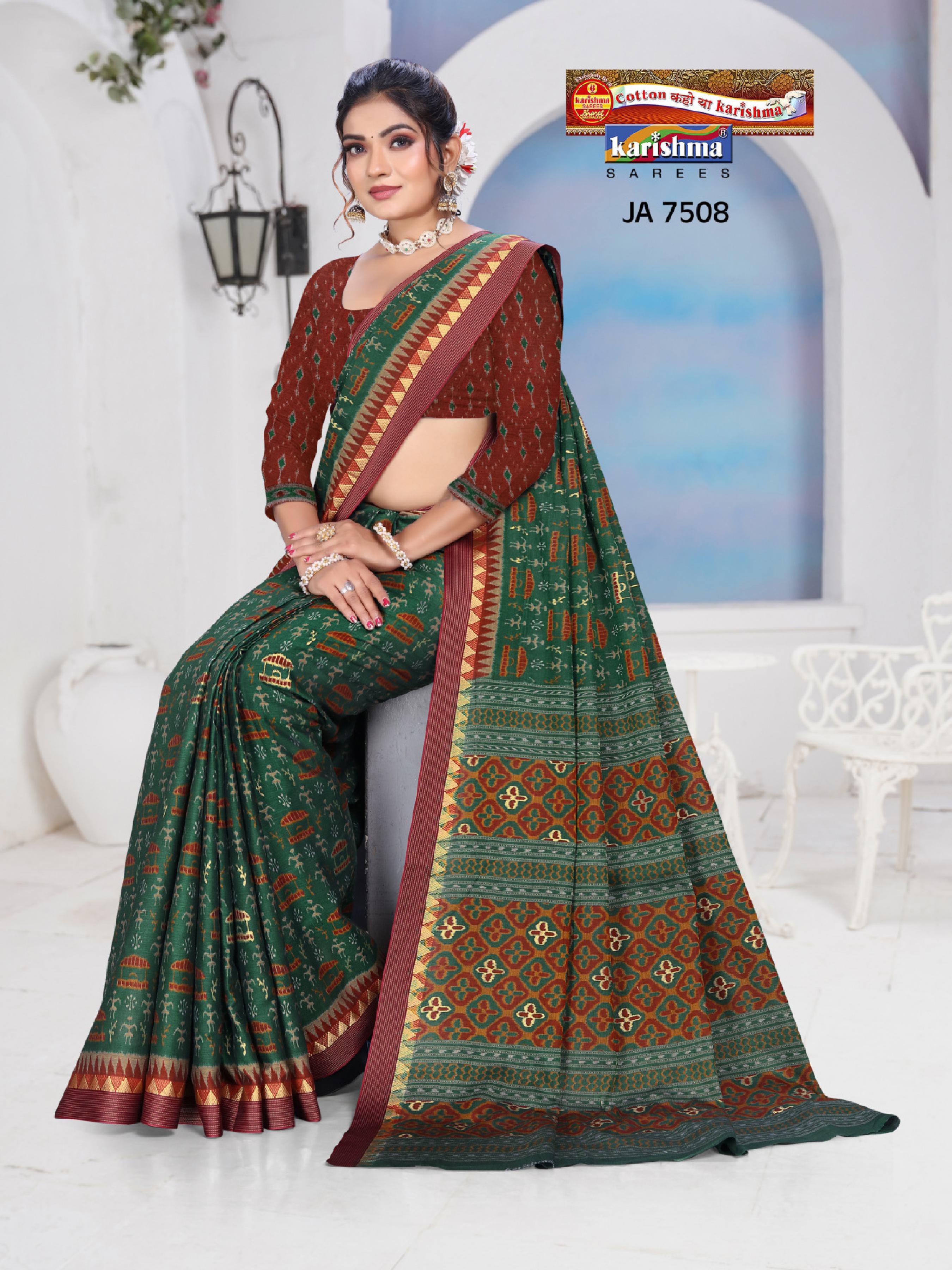 Green Traditional Maharashtrian Warli Design Printed Muslin Saree with Zari Border