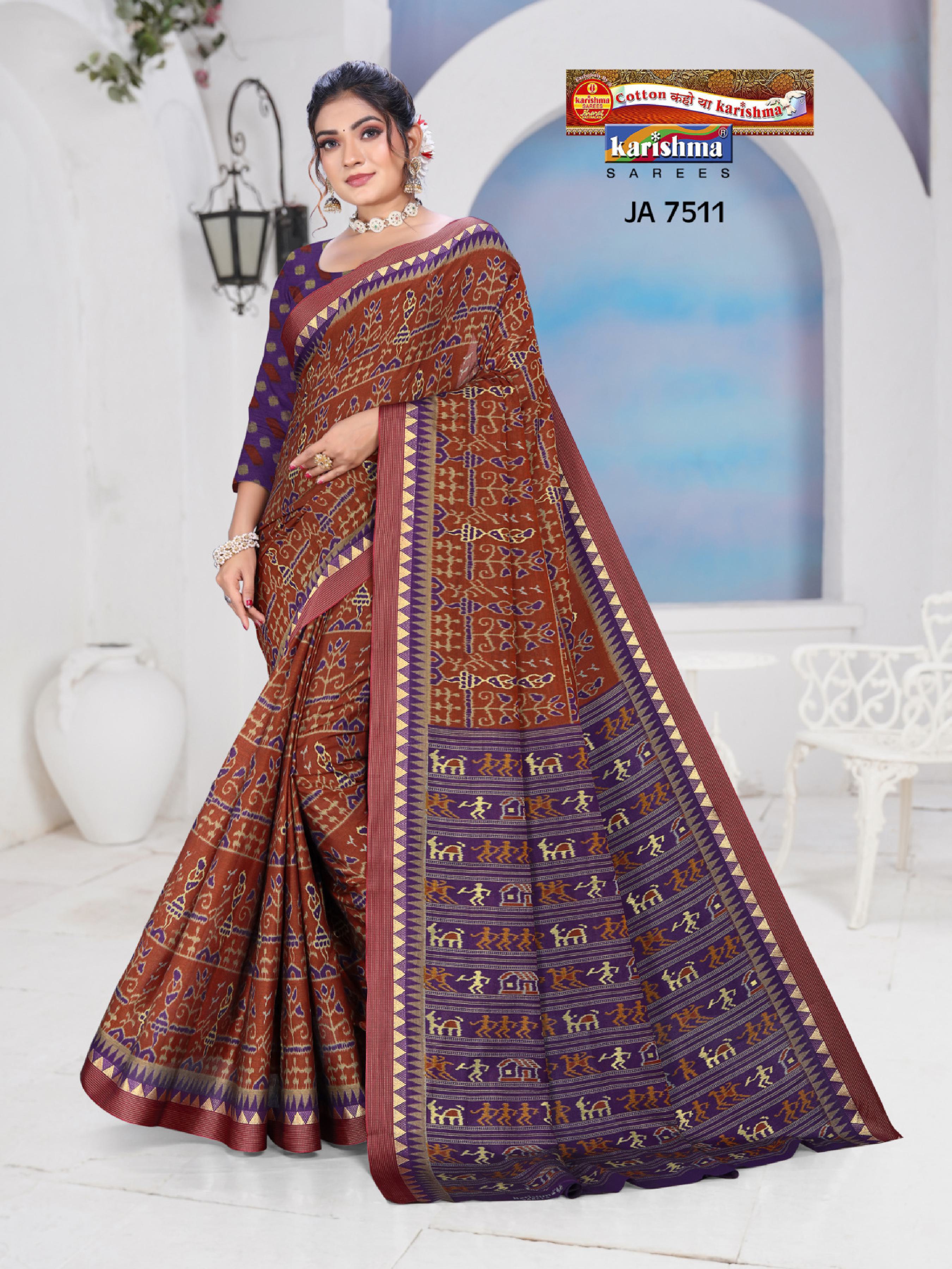 Brown Traditional Maharashtrian Warli Design Printed Muslin Saree with Zari Border