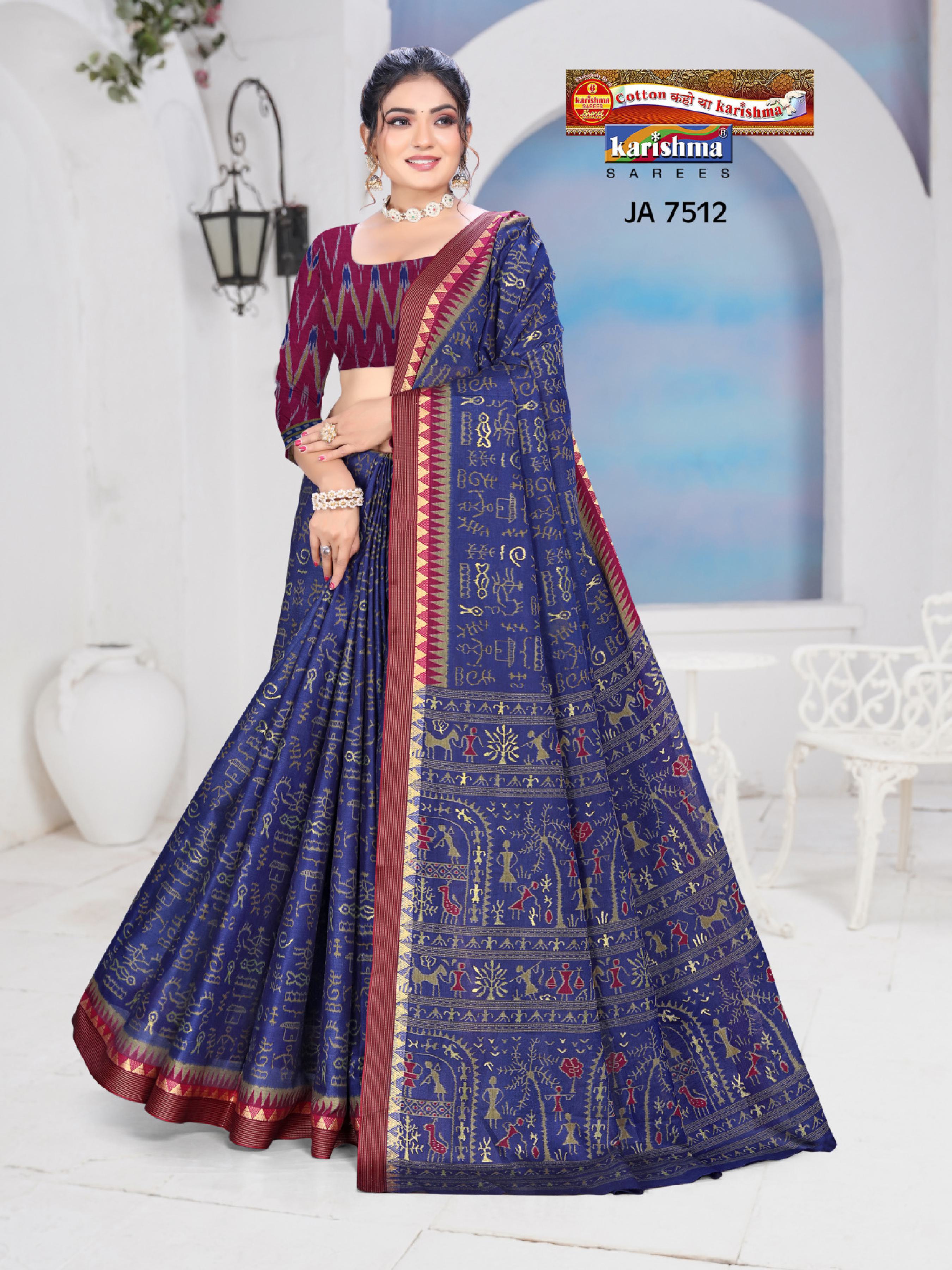 Navy Traditional Maharashtrian Warli Design Printed Muslin Saree with Zari Border