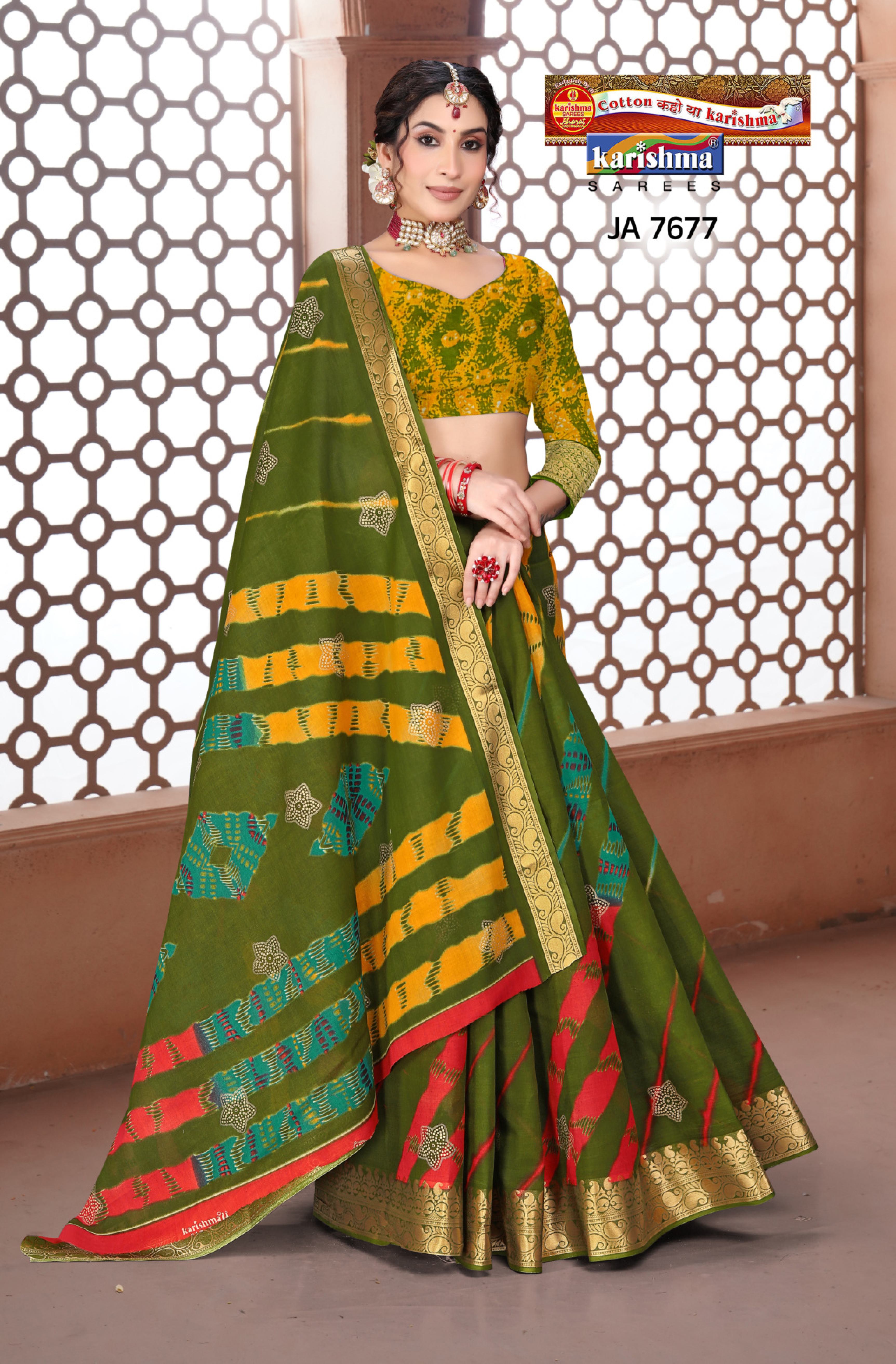 Olive Traditional Leheriya Design Festive Jamewar Gold Zari Border Printed Pure Cotton Saree