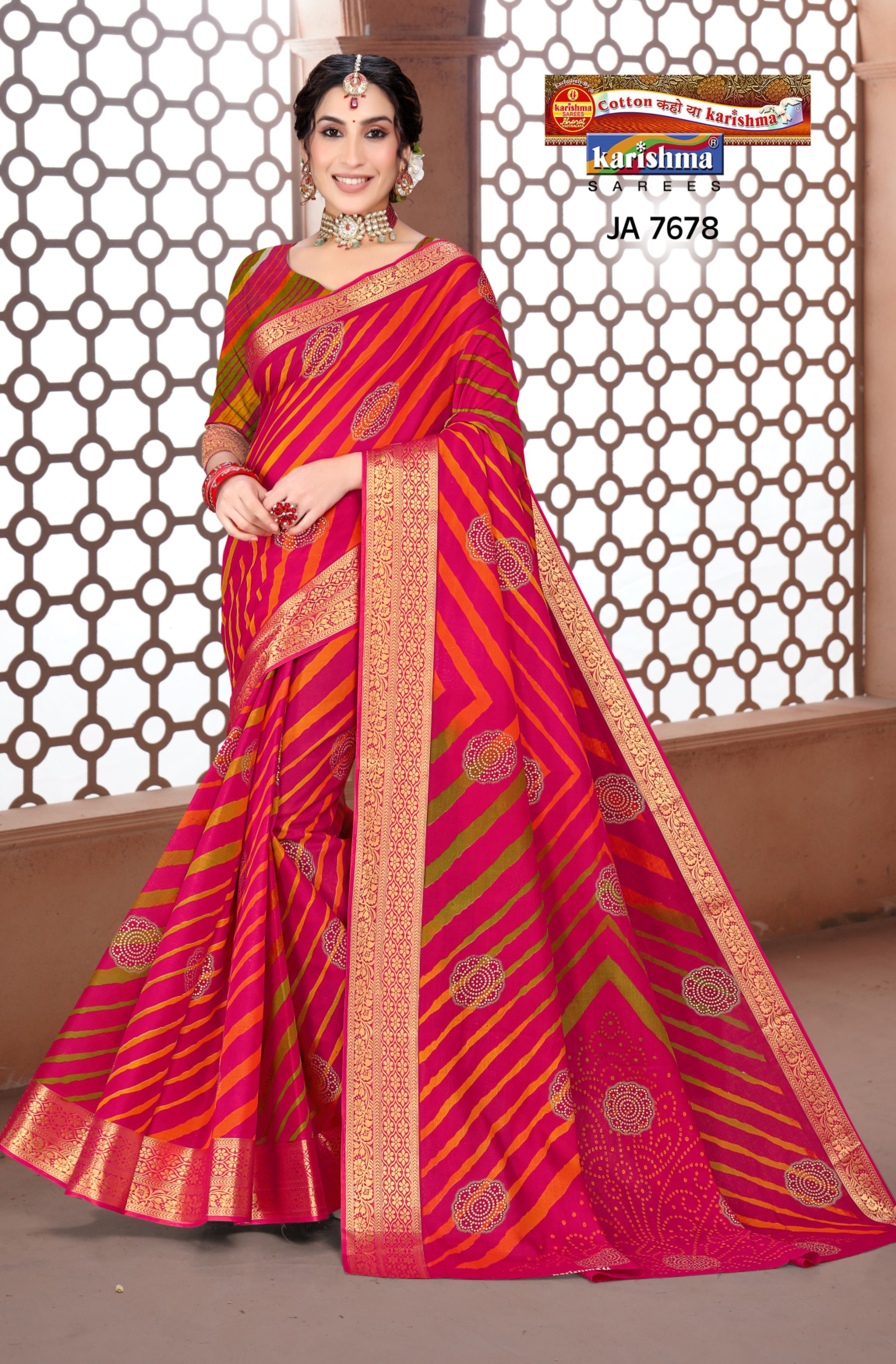 Pink Traditional Leheriya Design Festive Jamewar Gold Zari Border Printed Pure Cotton Saree