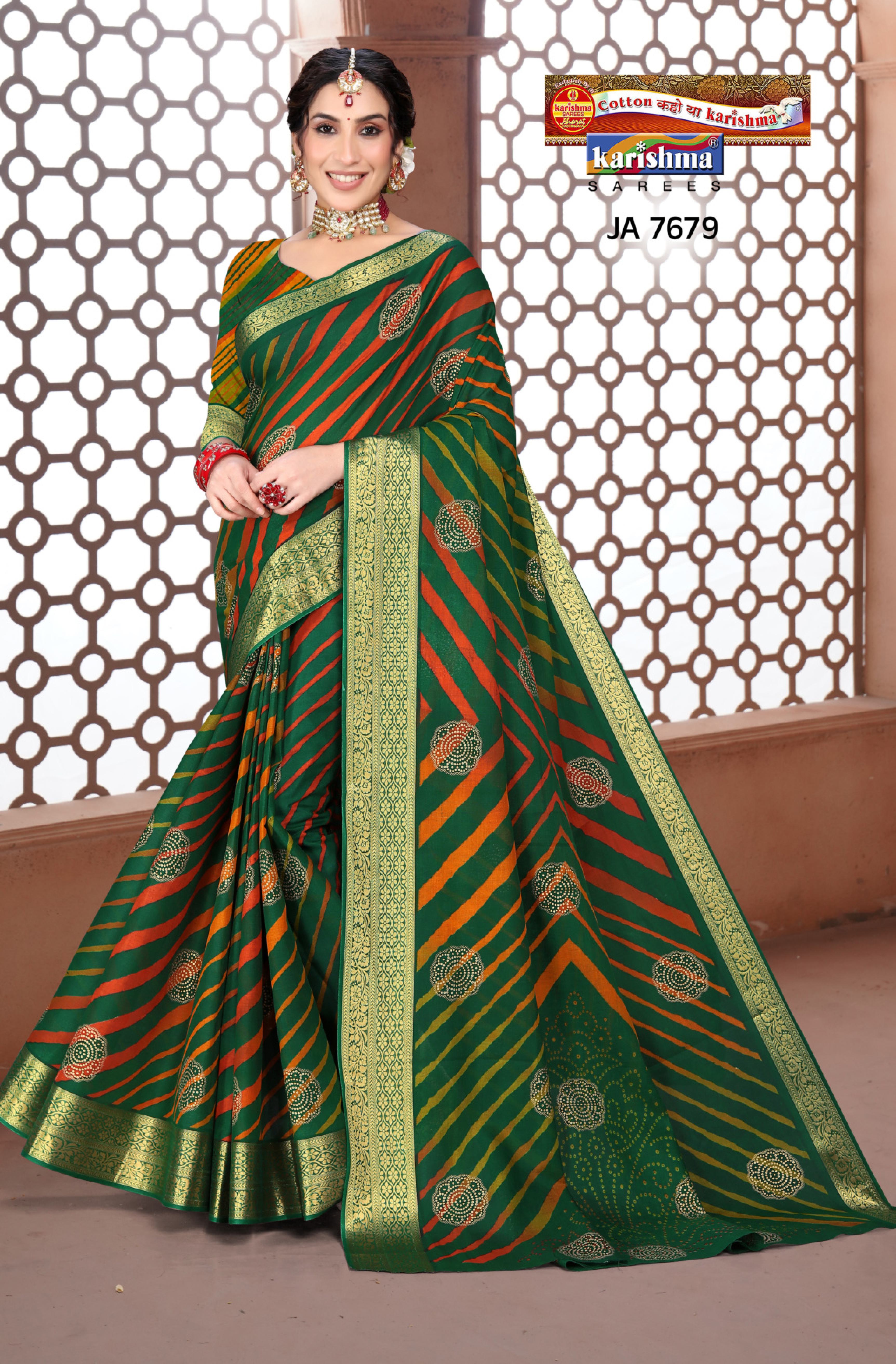 Green Traditional Leheriya Design Festive Jamewar Gold Zari Border Printed Pure Cotton Saree