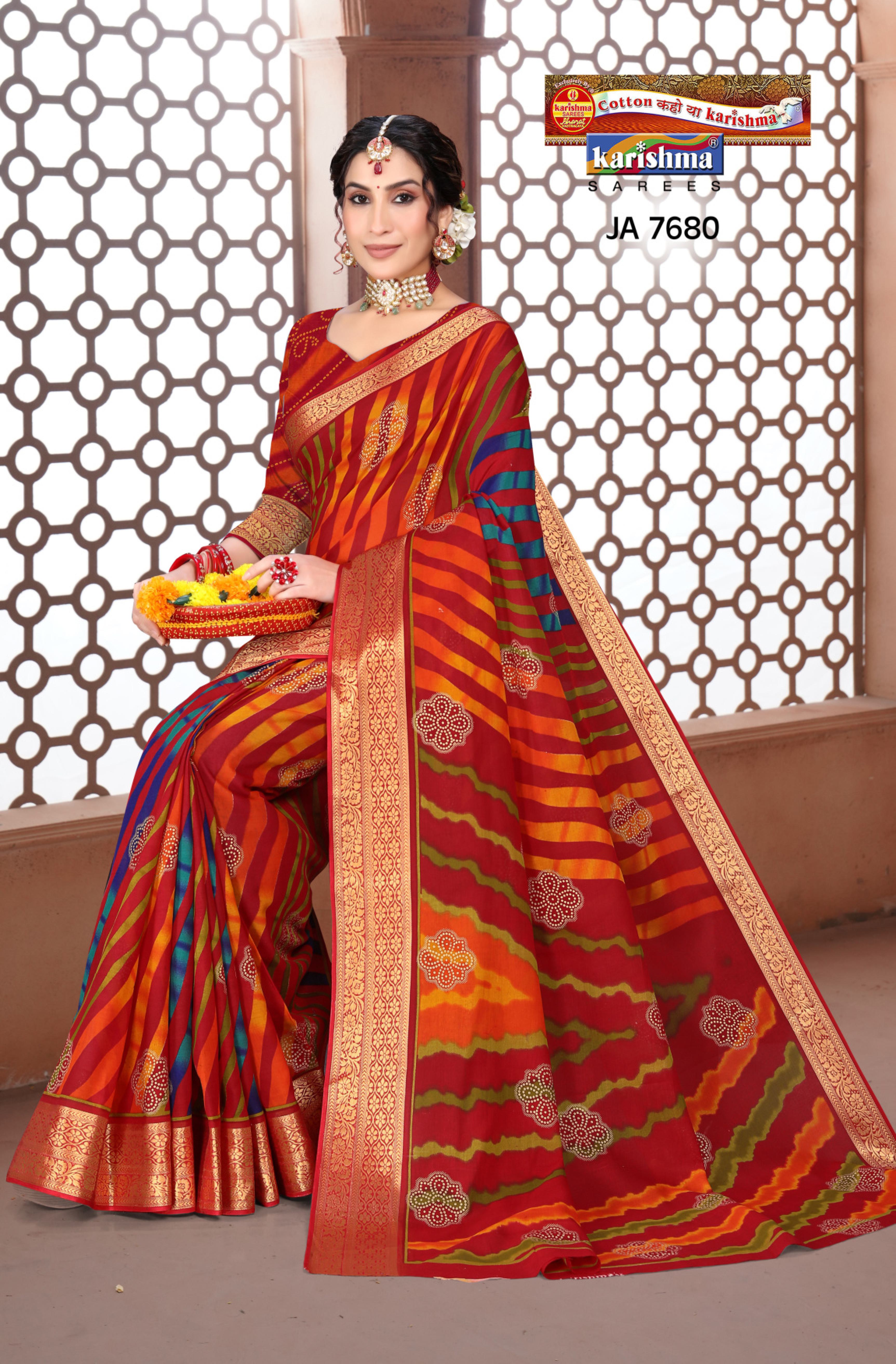 Orange Traditional Leheriya Design Festive Jamewar Gold Zari Border Printed Pure Cotton Saree