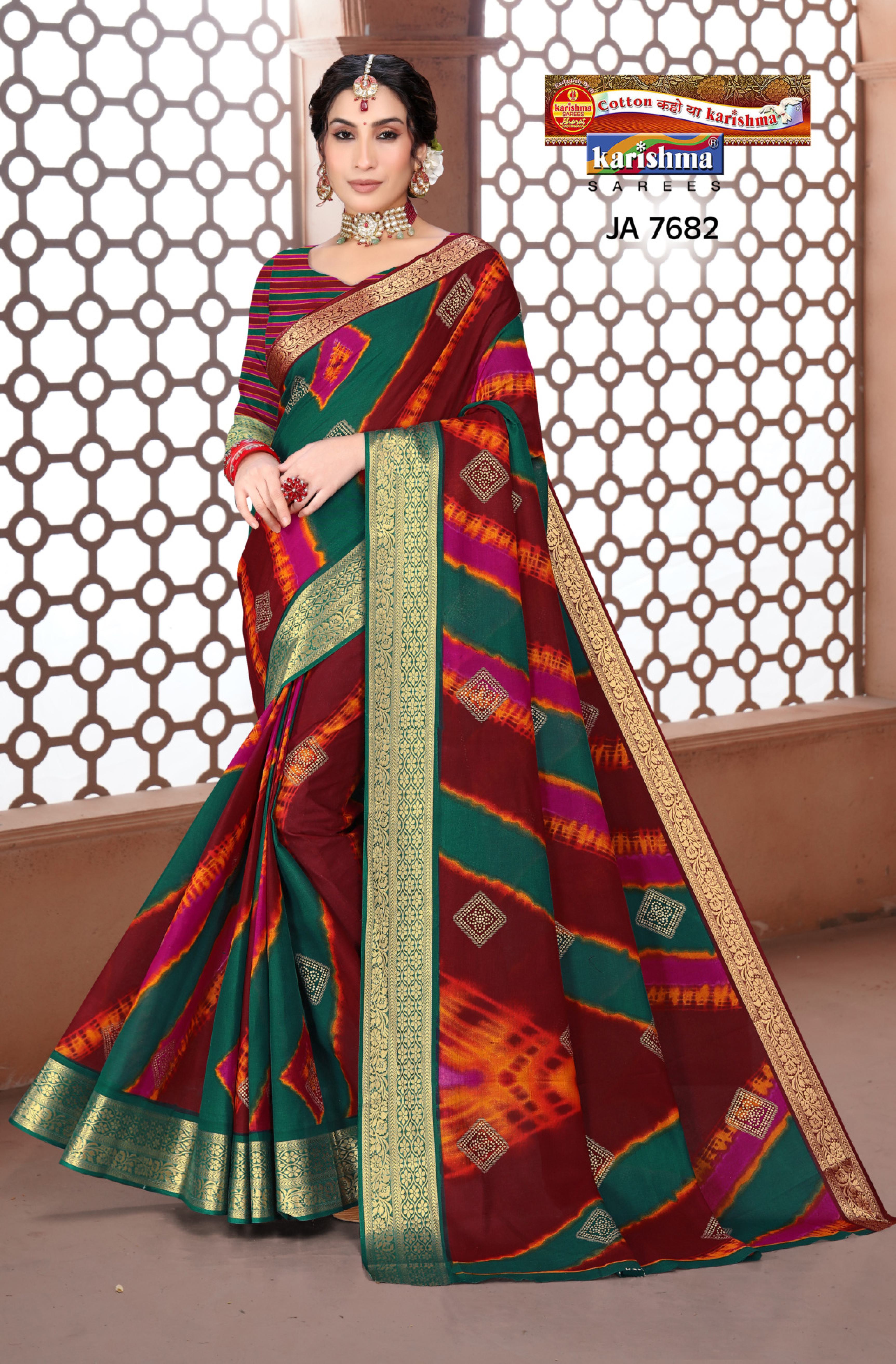 Maroon Traditional Leheriya Design Festive Jamewar Gold Zari Border Printed Pure Cotton Saree