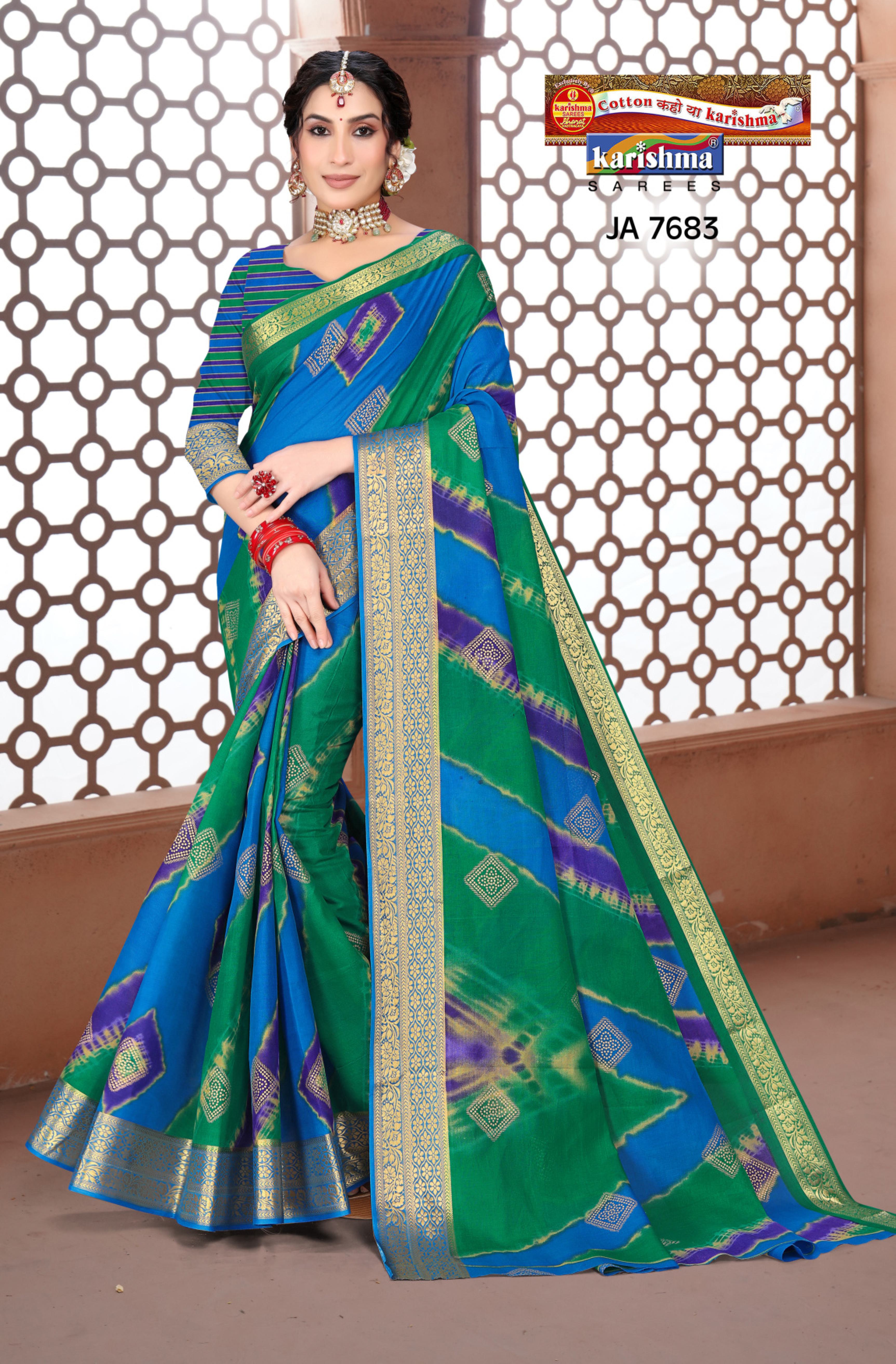 Blue Traditional Leheriya Design Festive Jamewar Gold Zari Border Printed Pure Cotton Saree