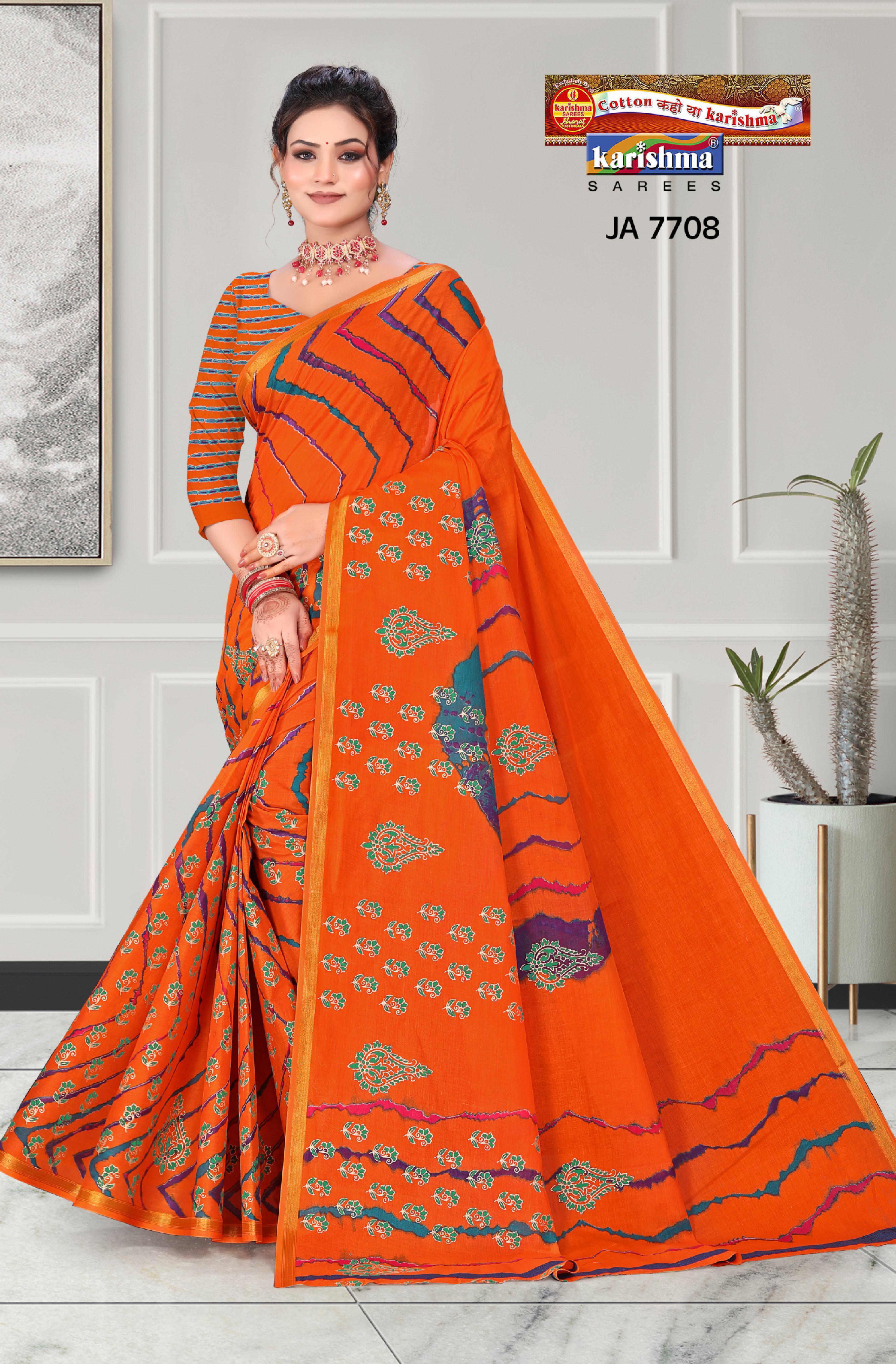 Orange Tie Dye Leheriya Design Festive Gold Zari Design Border Printed Pure Cotton Saree