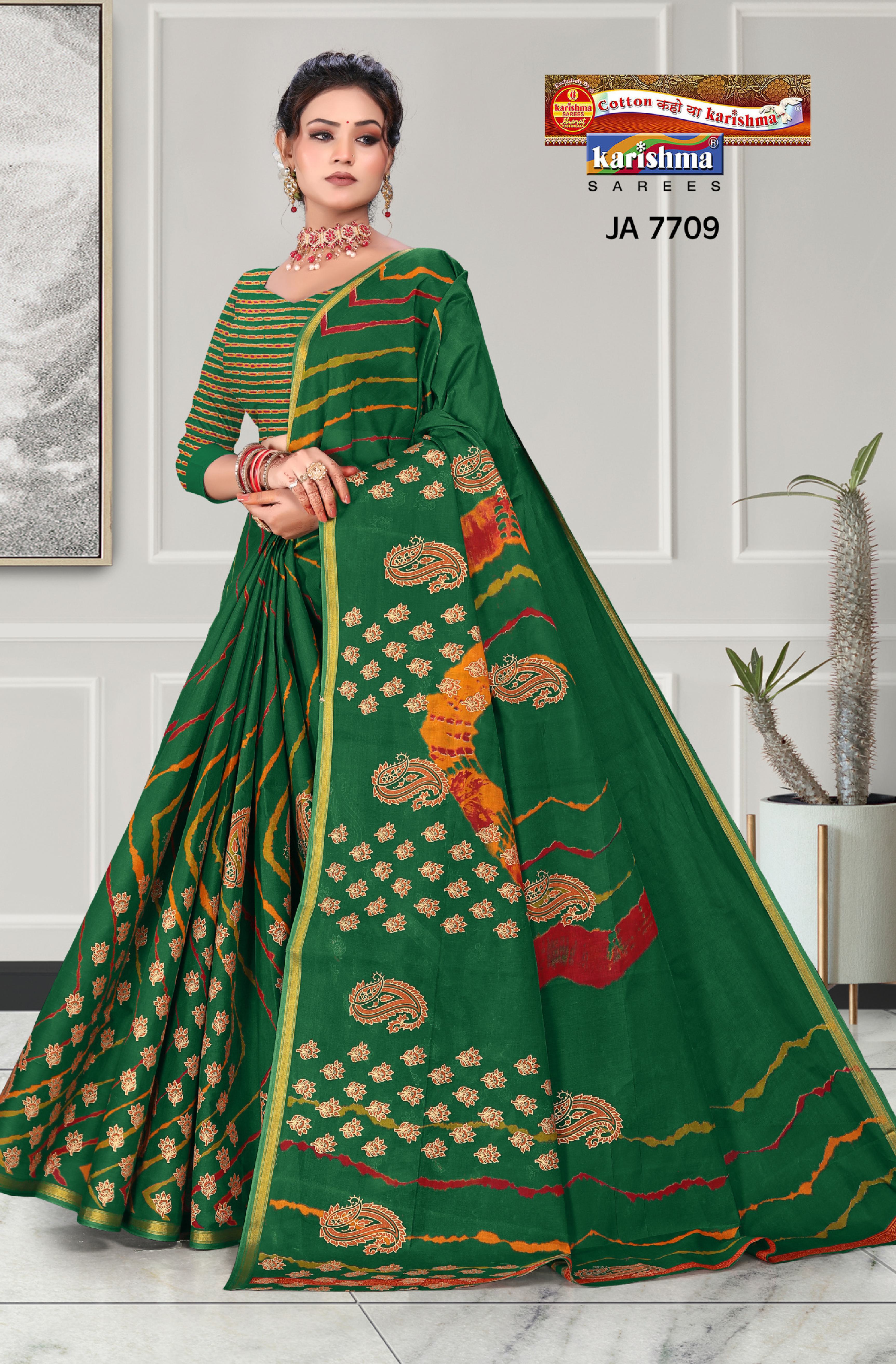 Green Tie Dye Leheriya Design Festive Gold Zari Design Border Printed Pure Cotton Saree