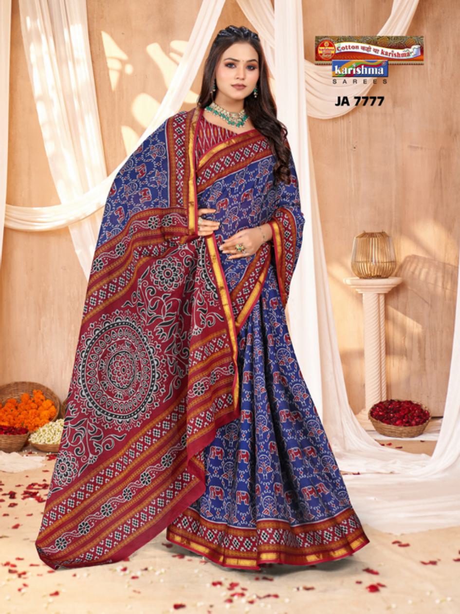 Navy Pure Muslin Sambhalpuri Handloom Pattern Printed Cotton Saree with Gold Zari Border