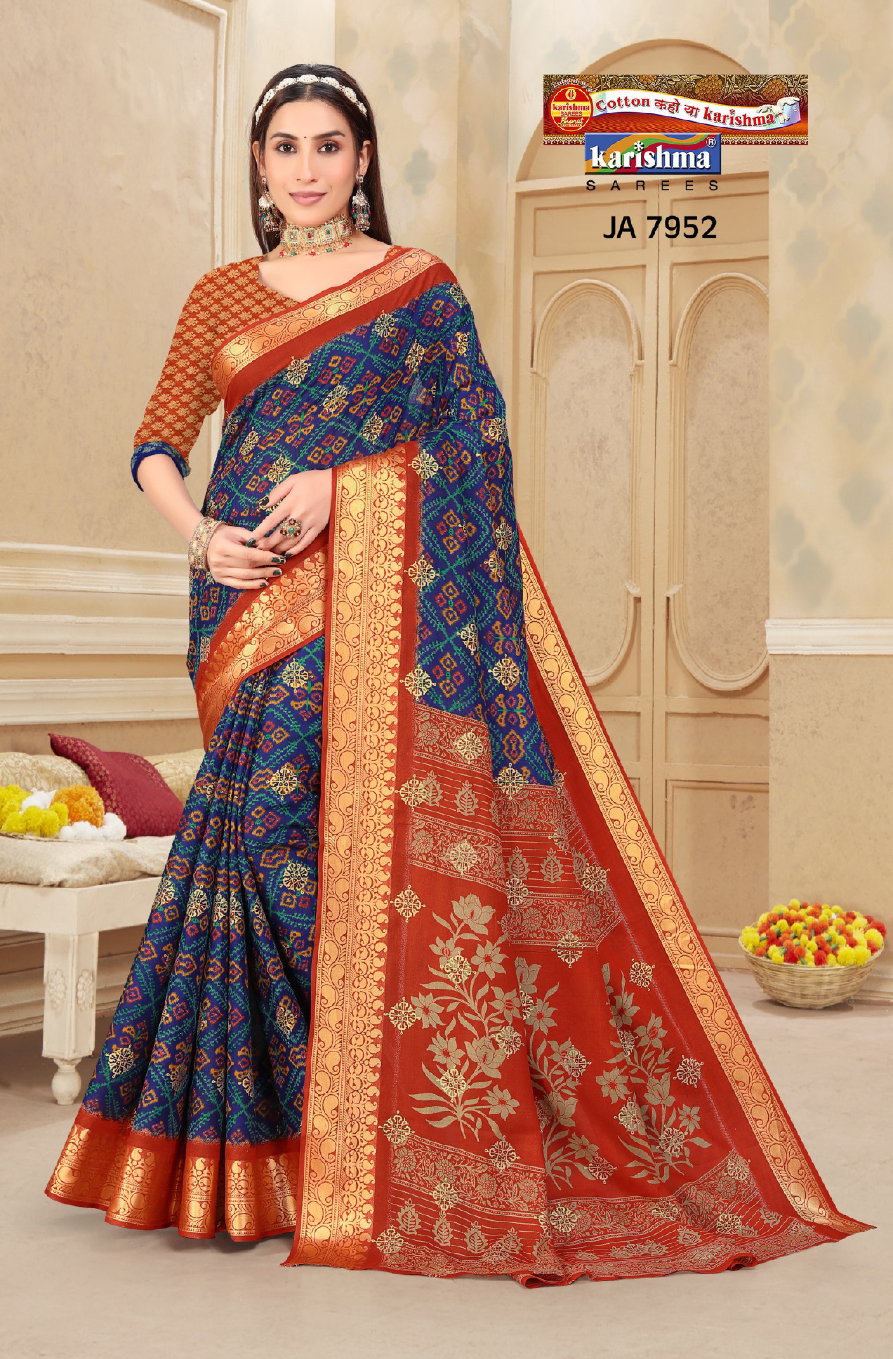 Blue Traditional Paisley Design Festive Jamewar Gold Zari Border Printed Pure Cotton Saree