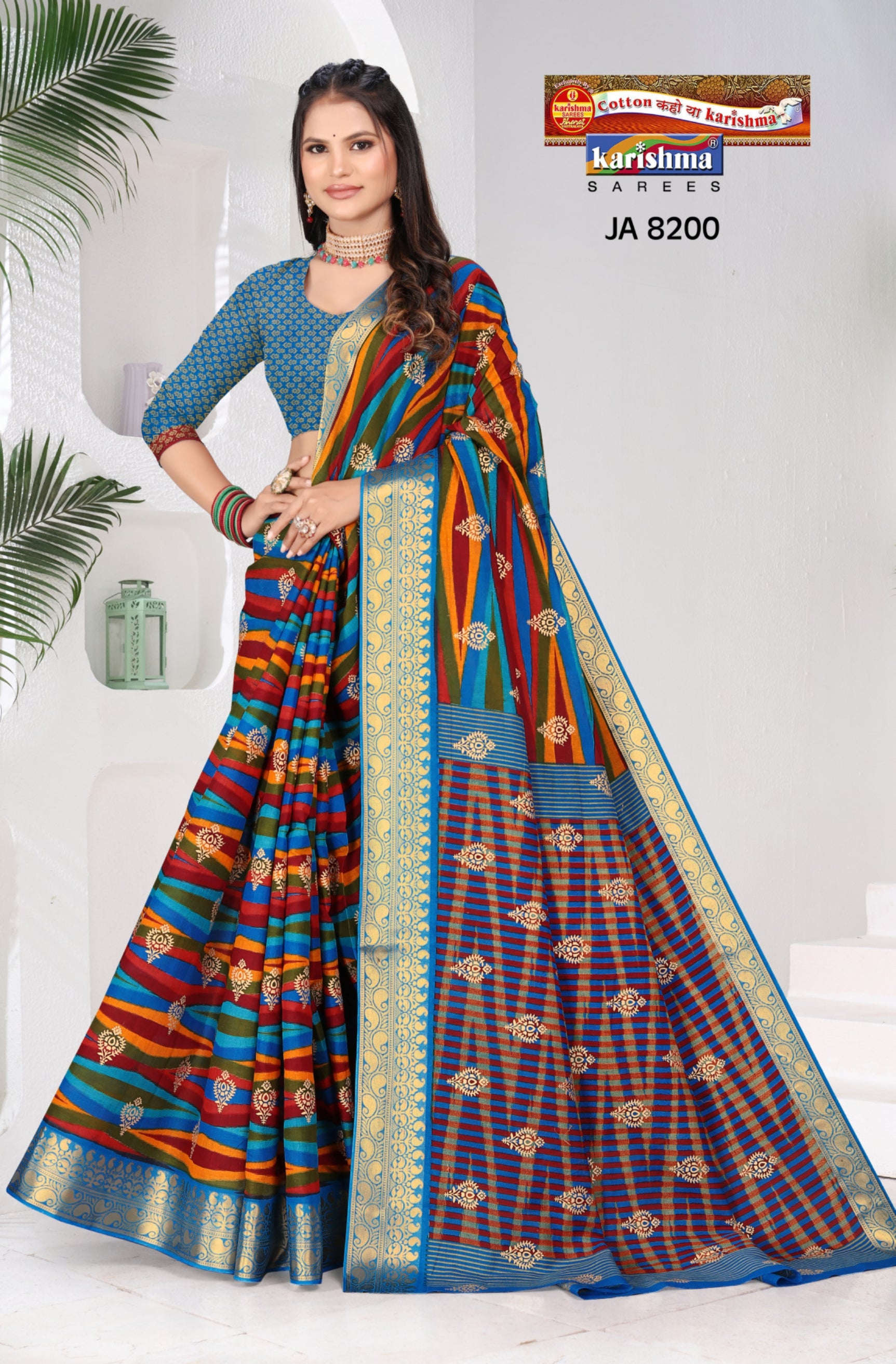 Blue Woven Design Gold Printed Zari Heavy Border Colour Checks Festive Cotton Saree