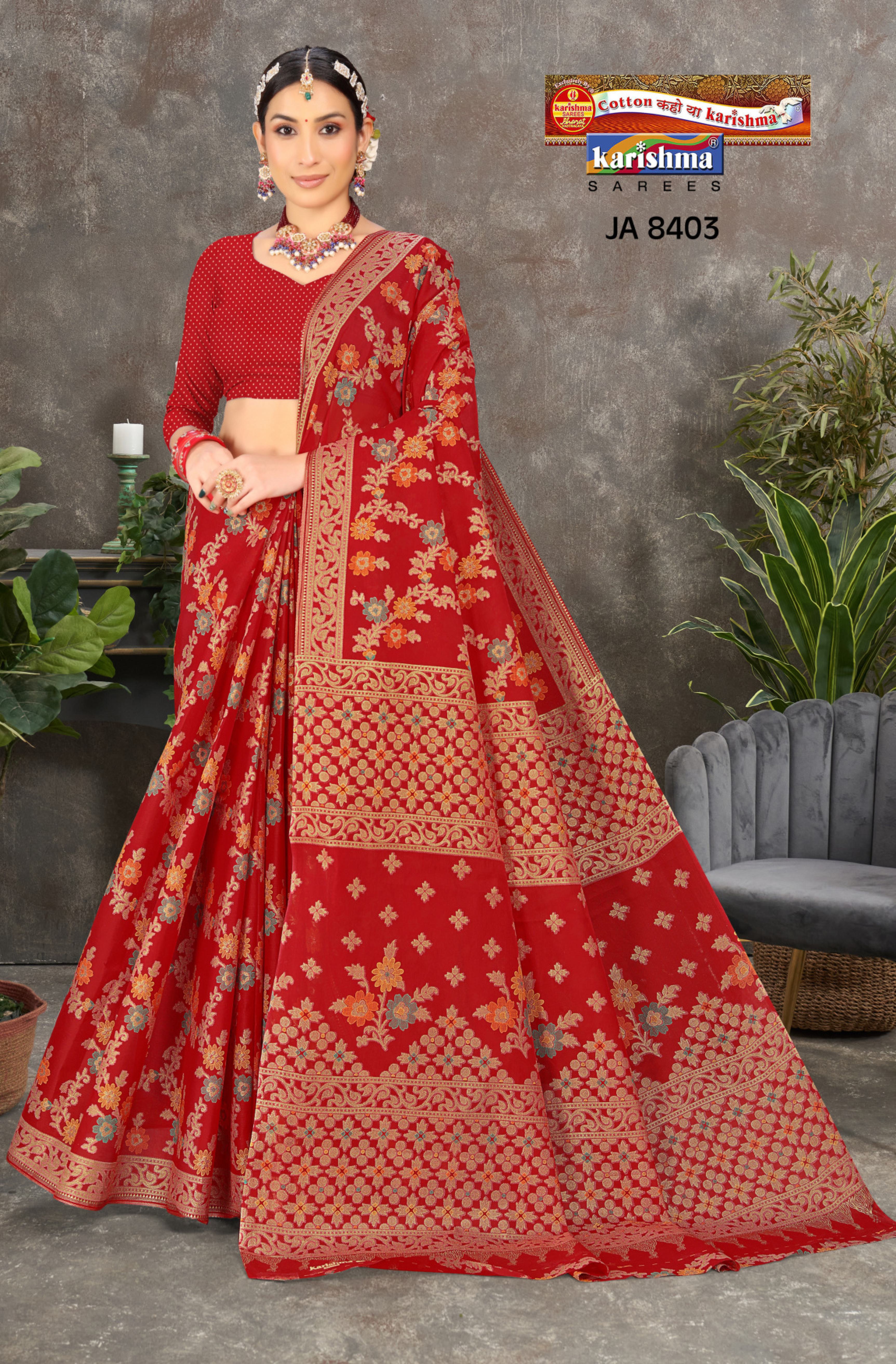 Red Wedding Zari Design Heavy Festive Jamewar Style Printed Pure Cotton Saree