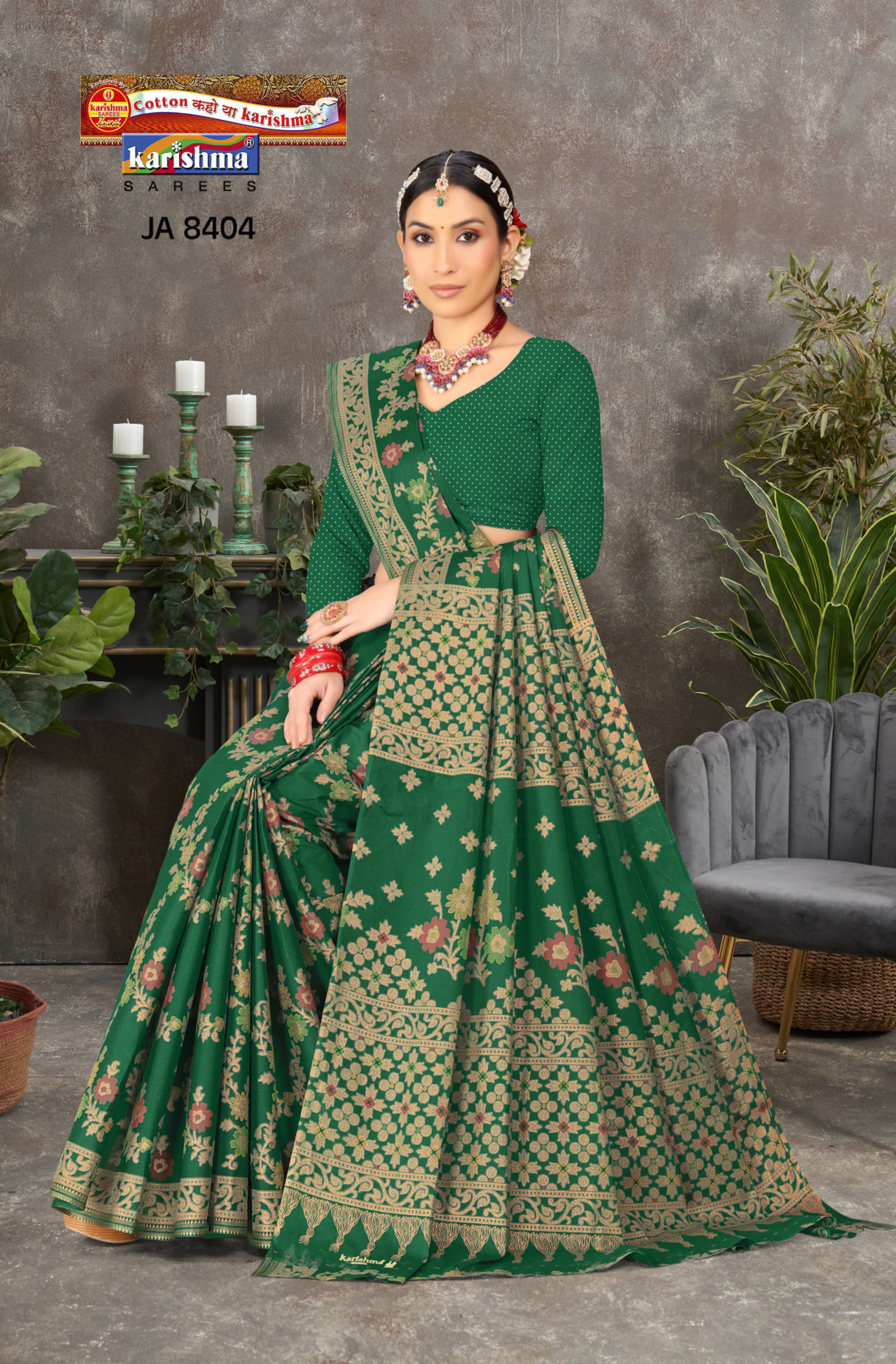 Green Wedding Zari Design Heavy Festive Jamewar Style Printed Pure Cotton Saree