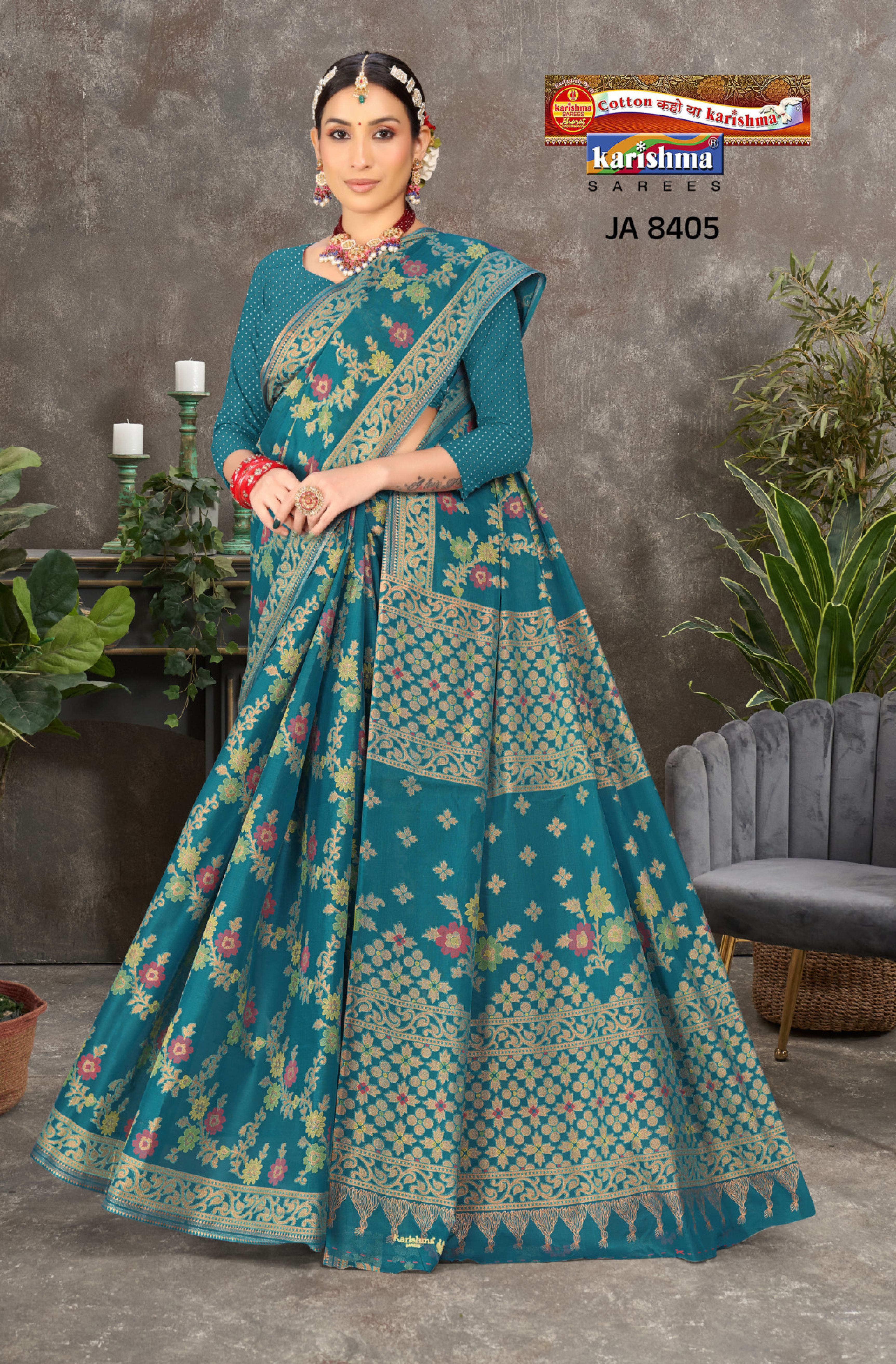 Blue Wedding Zari Design Heavy Festive Jamewar Style Printed Pure Cotton Saree