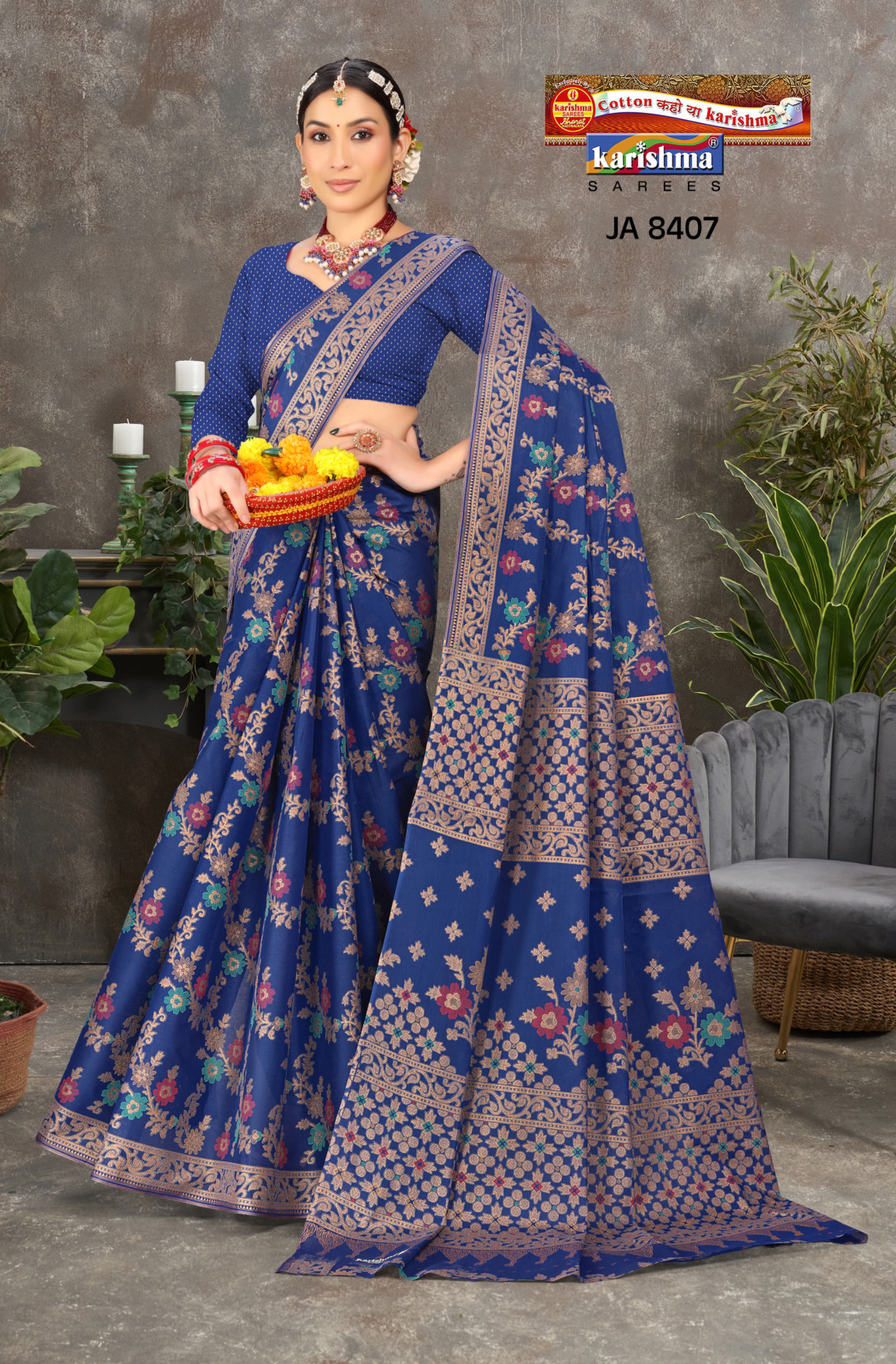 Navy Wedding Zari Design Heavy Festive Jamewar Style Printed Pure Cotton Saree