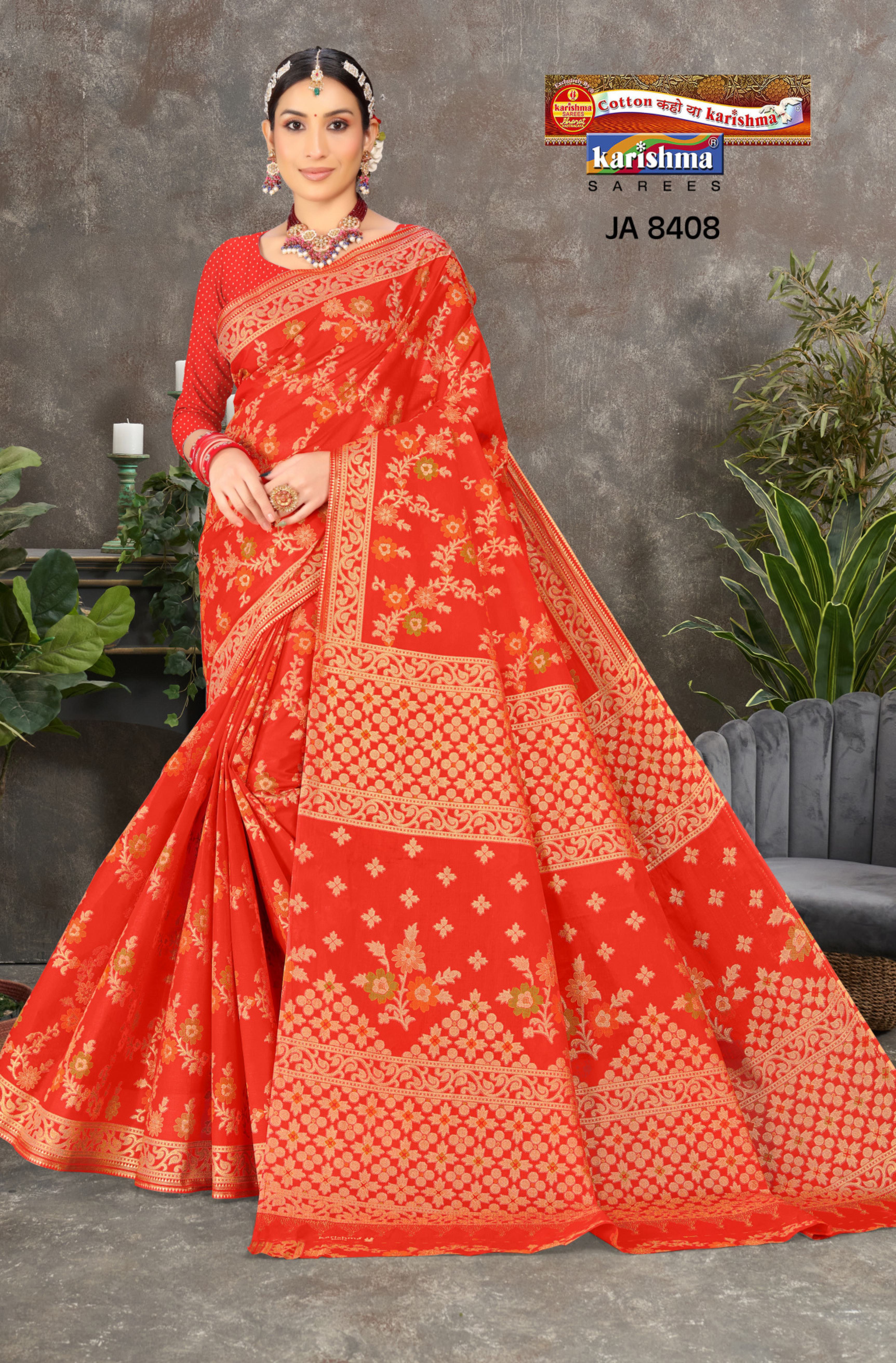 Orange Wedding Zari Design Heavy Festive Jamewar Style Printed Pure Cotton Saree