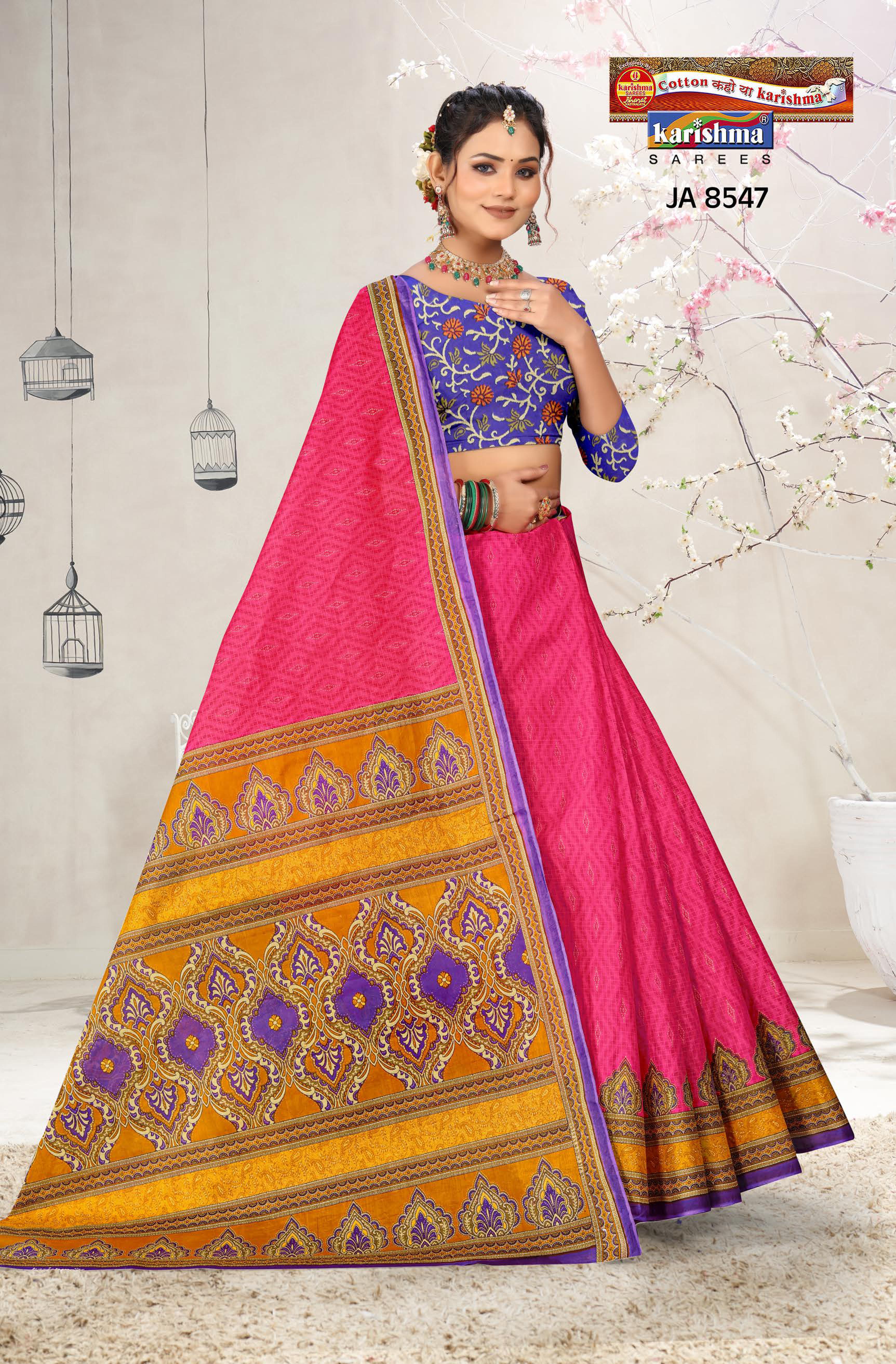 Pink Designer Ethnic Printed Mulmul Pure Cotton Saree with Fancy Blouse