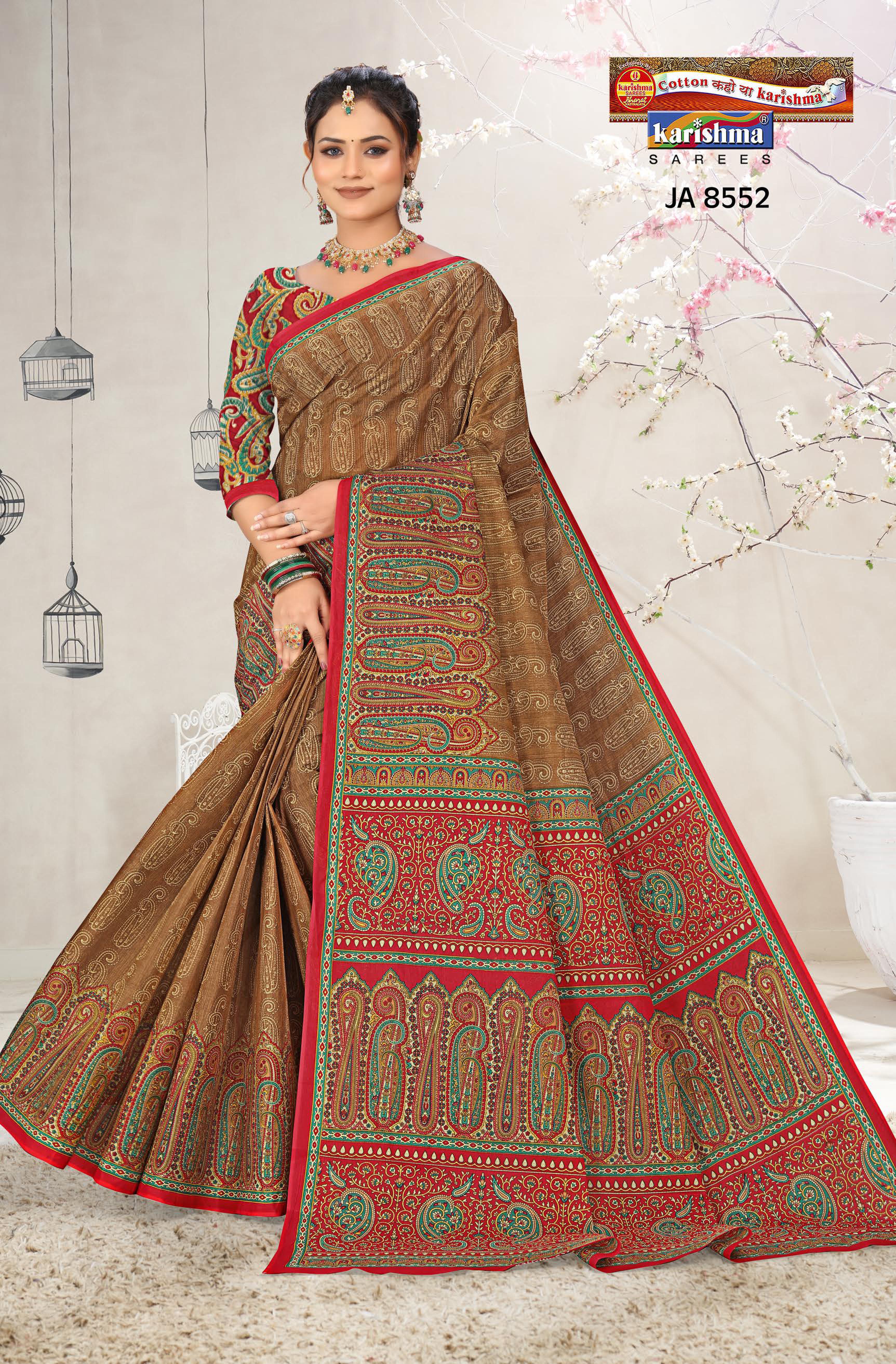 Brown Designer Ethnic Printed Mulmul Pure Cotton Saree with Fancy Blouse