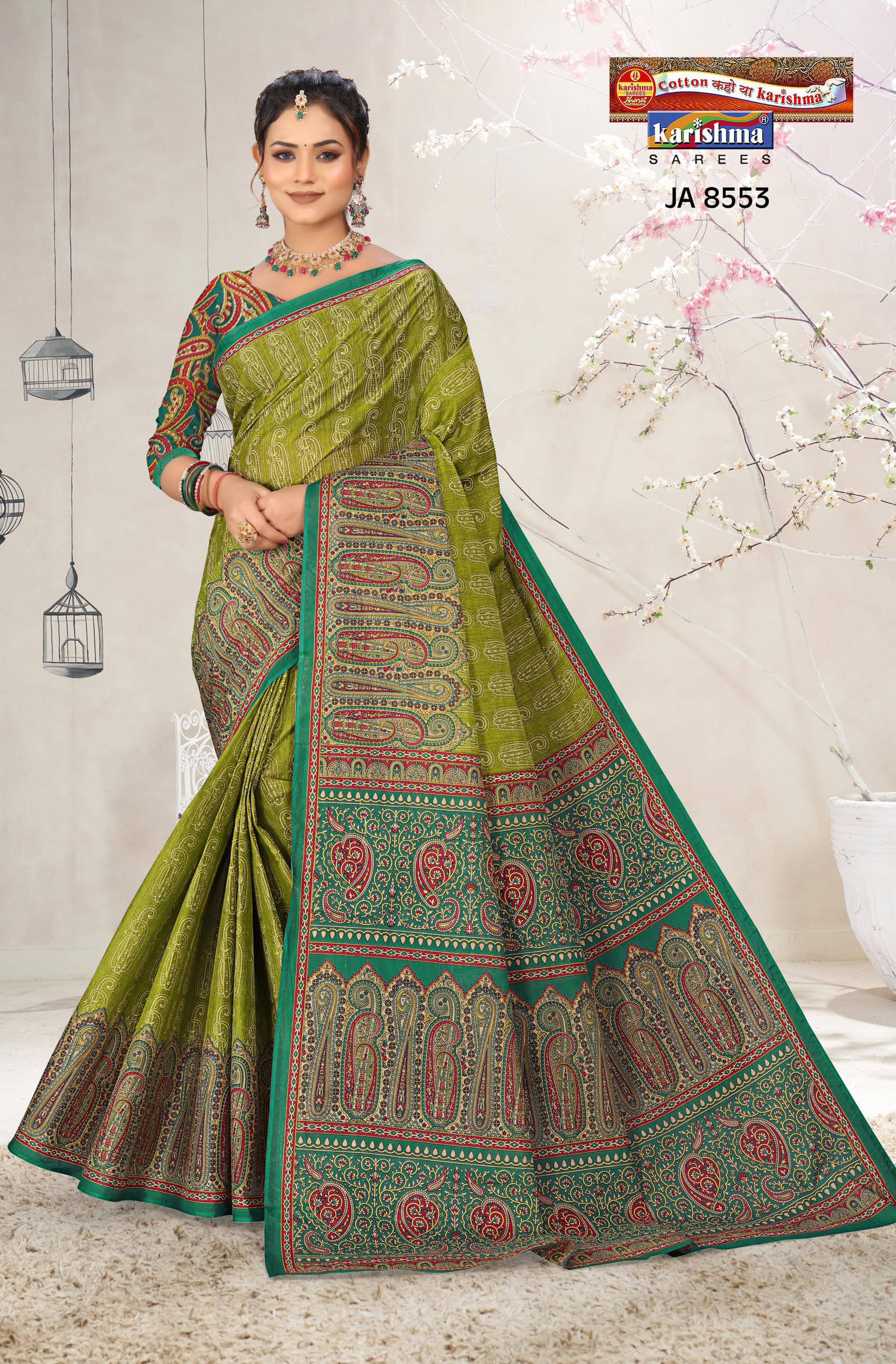 Green Designer Ethnic Printed Mulmul Pure Cotton Saree with Fancy Blouse