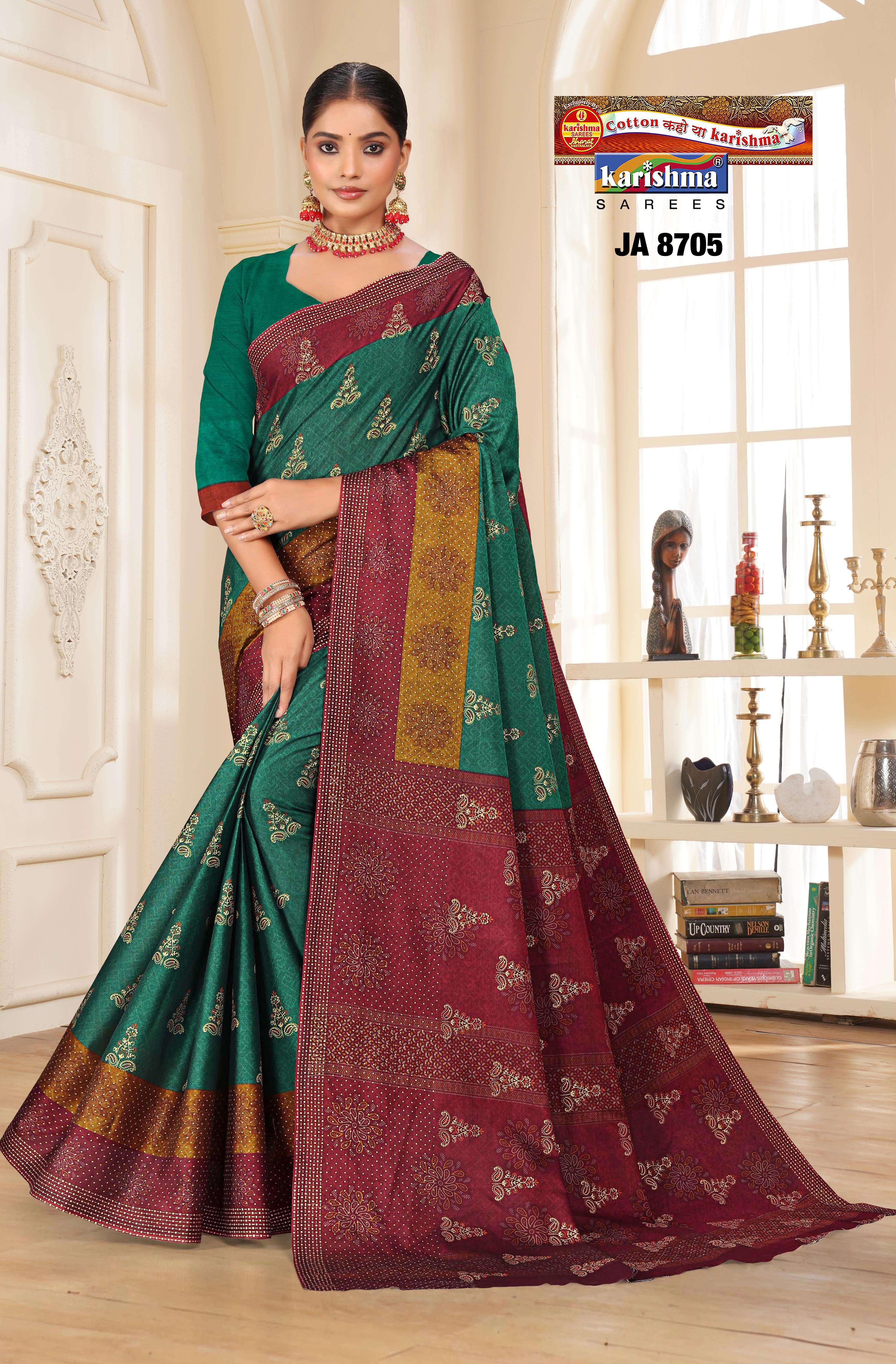 Green Festive Collection Gold Zari Highlighted Design Printed Muslin Saree with Border