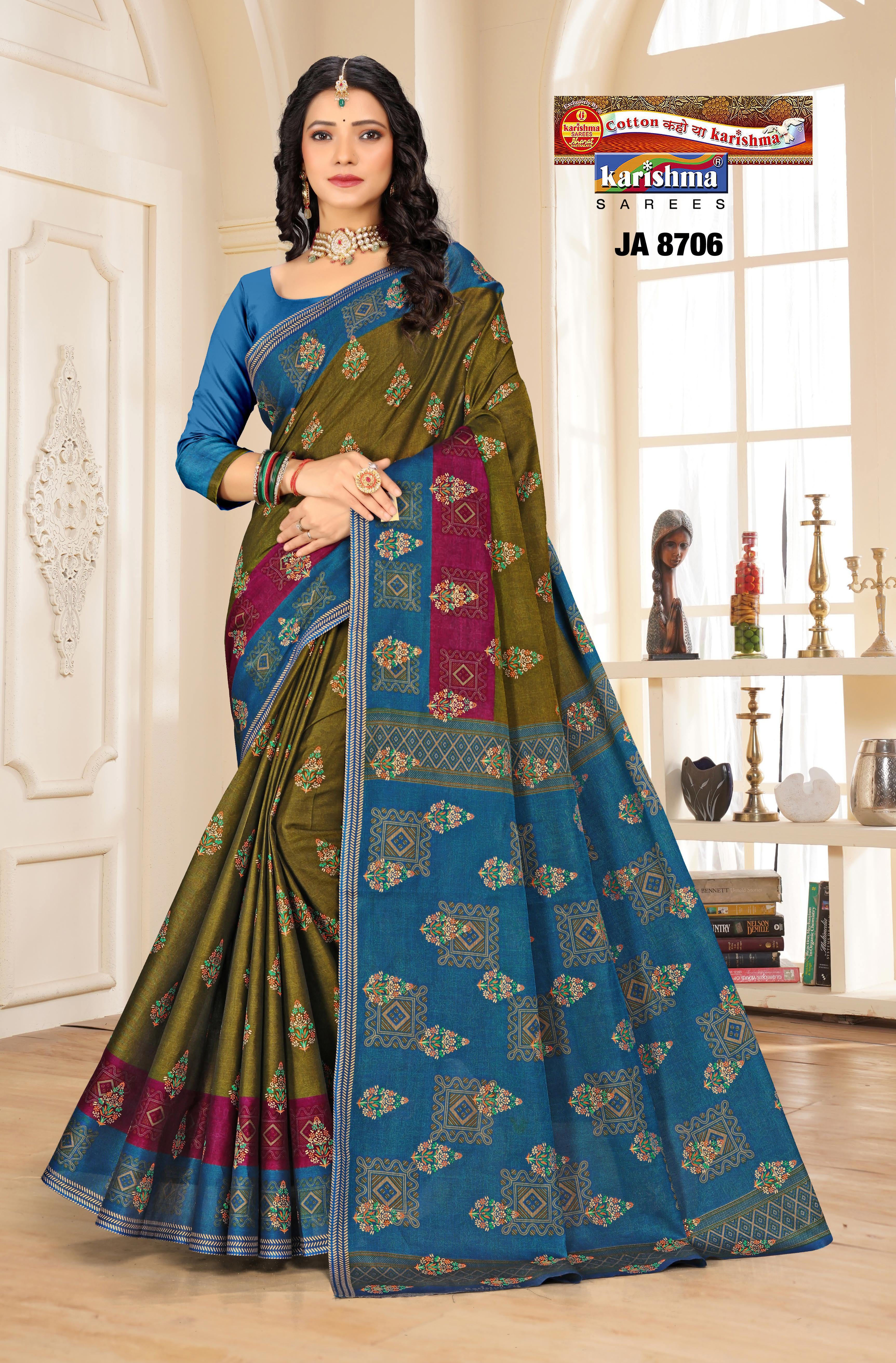 Olive Festive Collection Gold Zari Highlighted Design Printed Muslin Saree with Border