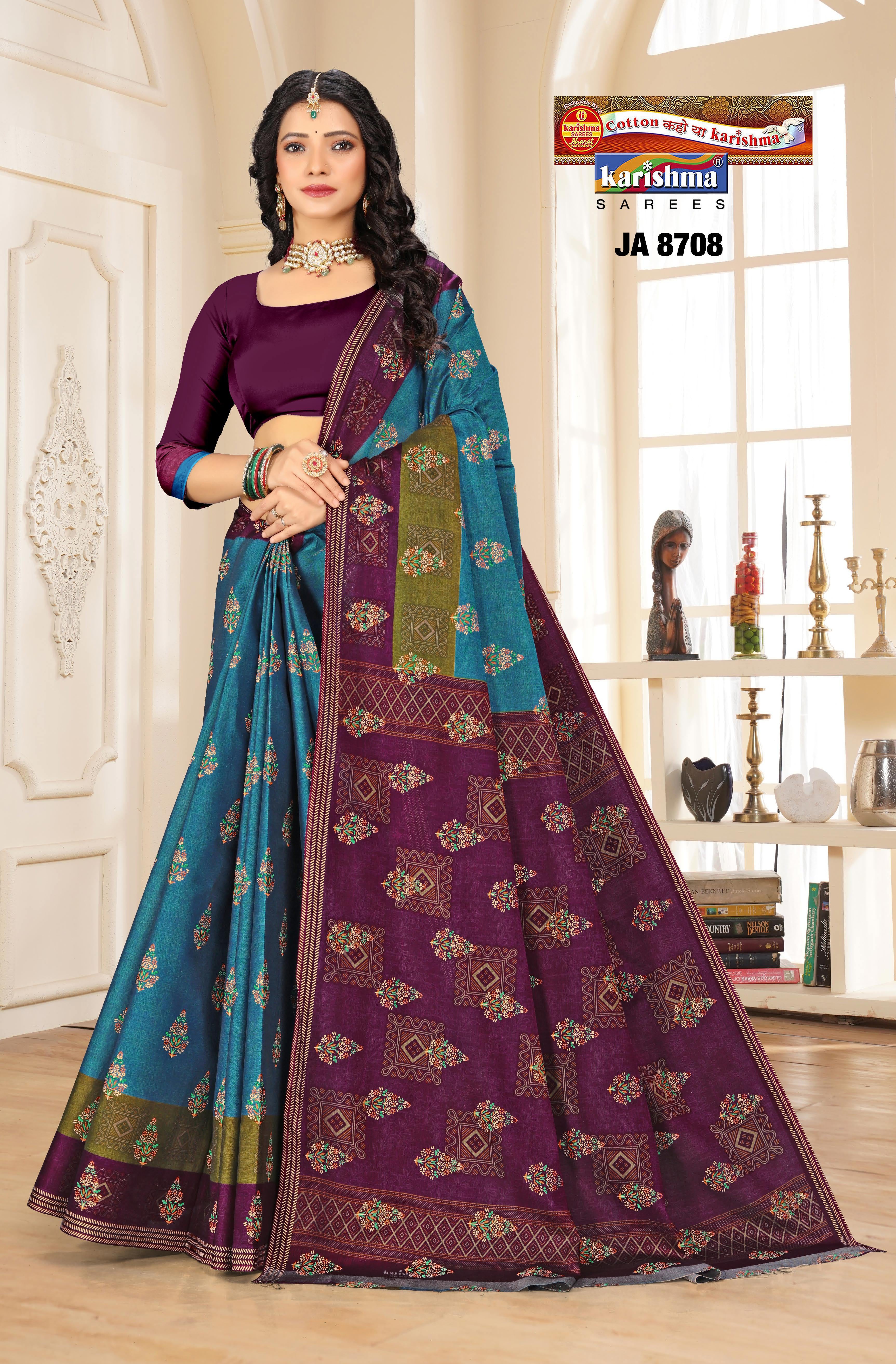 Blue Festive Collection Gold Zari Highlighted Design Printed Muslin Saree with Border