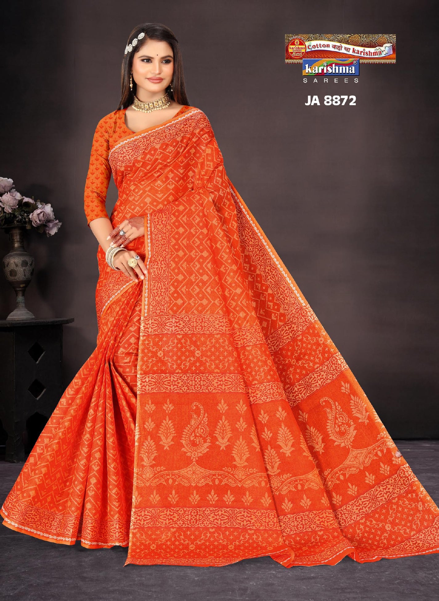 Orange Pure Cotton Mulmul (Medium Soft) Saree With Modern Design