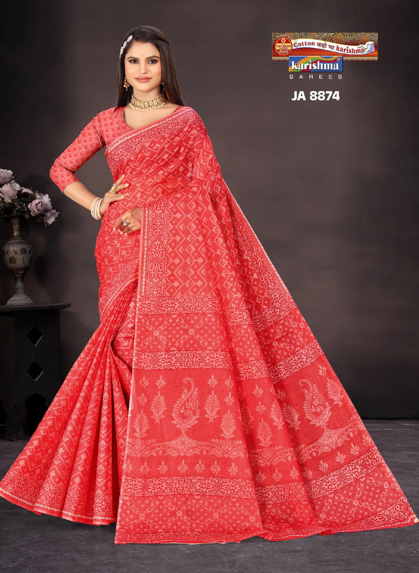 Red Pure Cotton Mulmul (Medium Soft) Saree With Modern Design