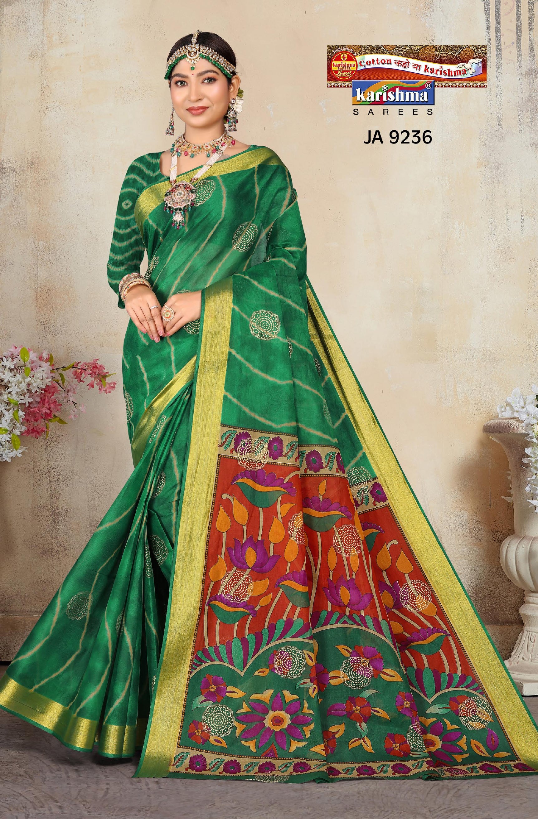 Dark Green Vibrant Floral Pure Cotton Malai (Soft) Saree With Golden Accents And Beautifully Crafted Pallu