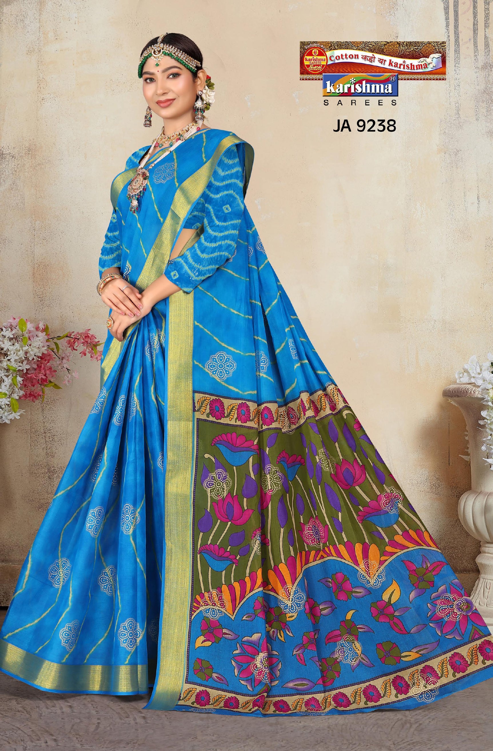 Sky Blue Vibrant Floral Pure Cotton Malai (Soft) Saree With Golden Accents And Beautifully Crafted Pallu
