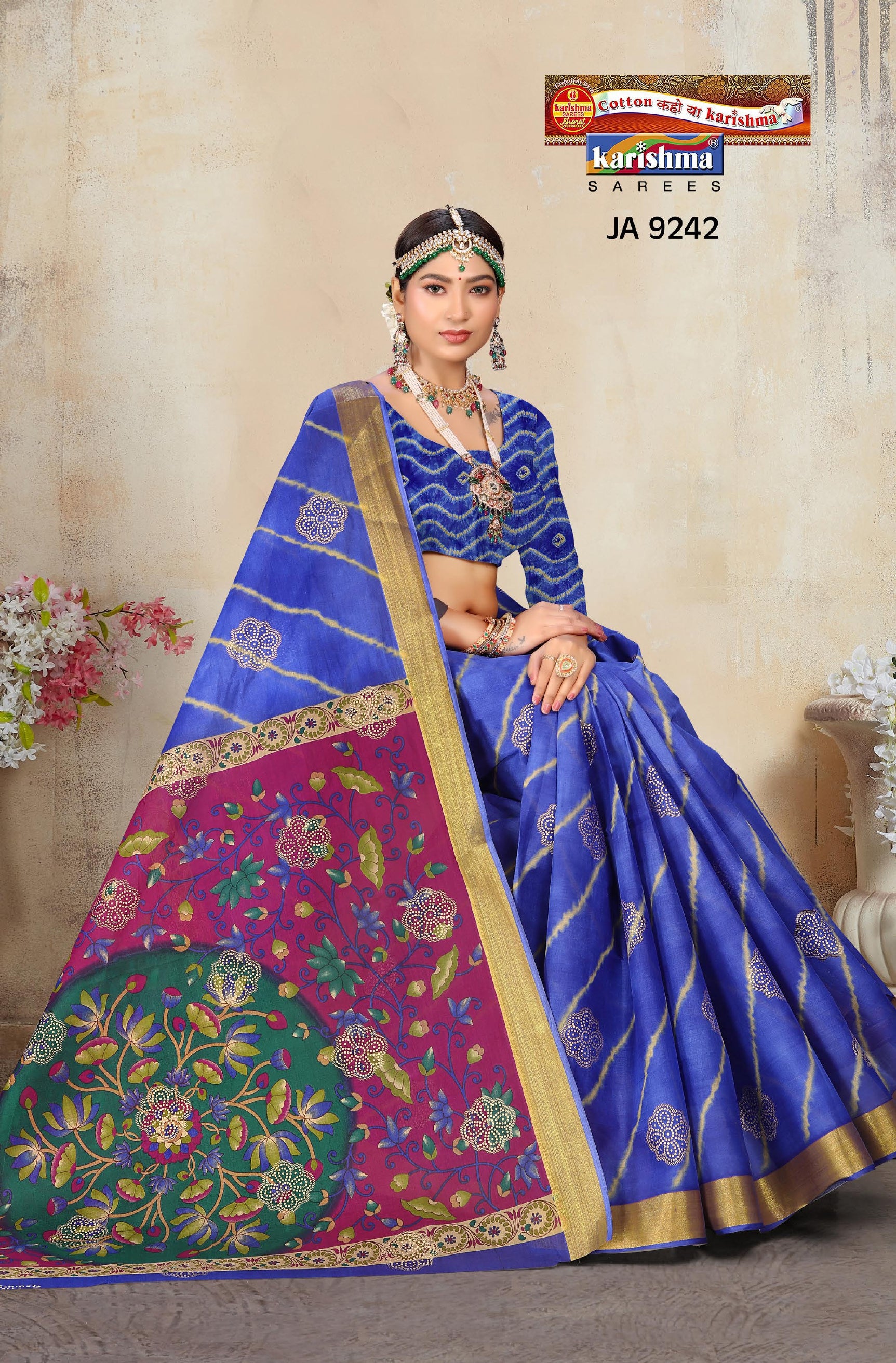 Blue Vibrant Floral Pure Cotton Malai (Soft) Saree With Golden Accents And Beautifully Crafted Pallu